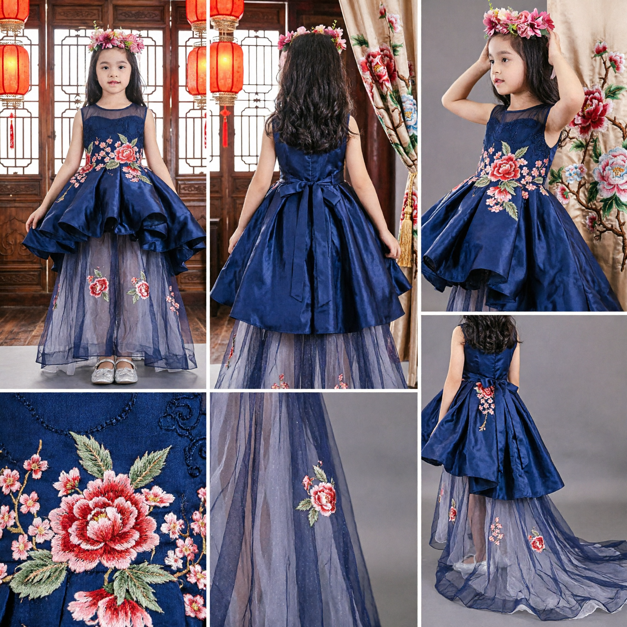 Abito Principessa High-Low con Ricamo Floreale Blu Marino per Ragazze, per Damigelle e Feste di Matrimonio - Asian Costume