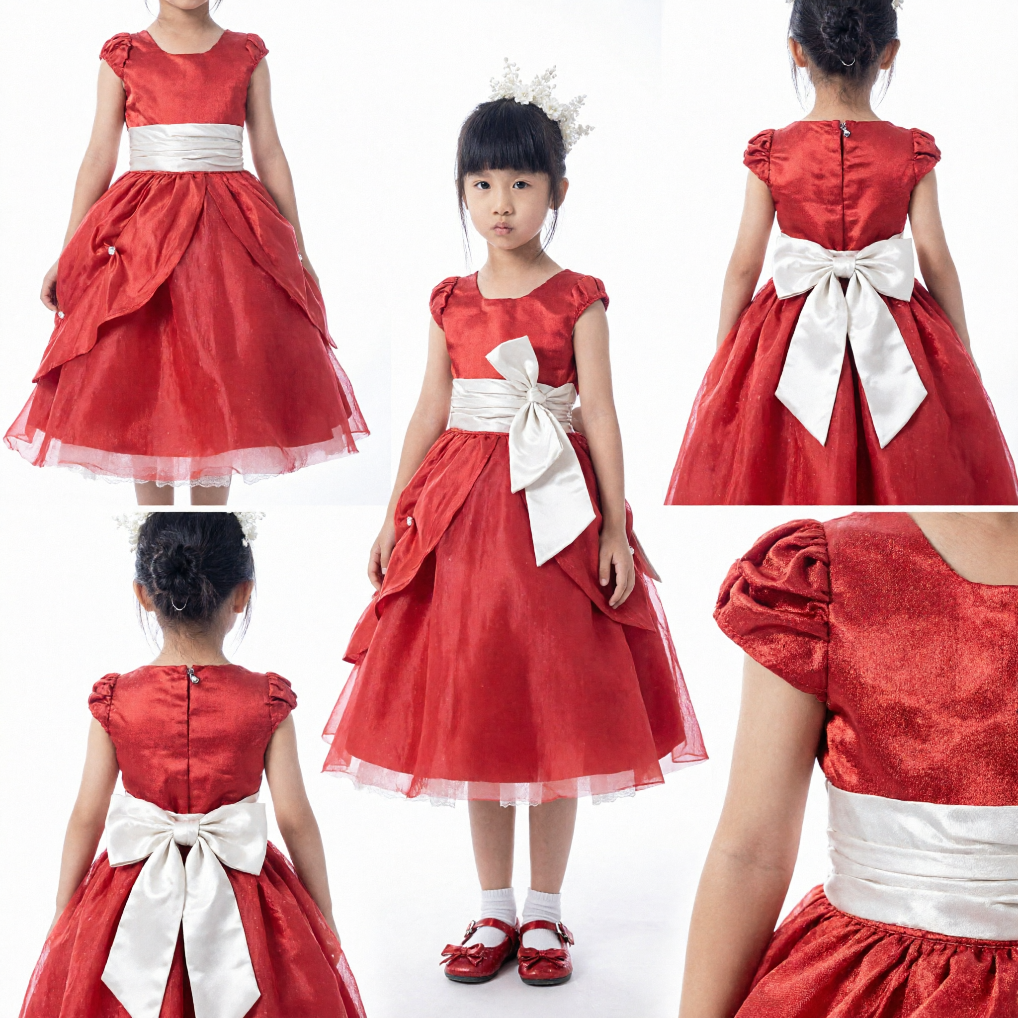 Vestido Elegante de Baile Princesa Vermelho para Meninas, Vestido Formal de Dama de Honra para Casamento ou Festa com Faixa - Asian Costume