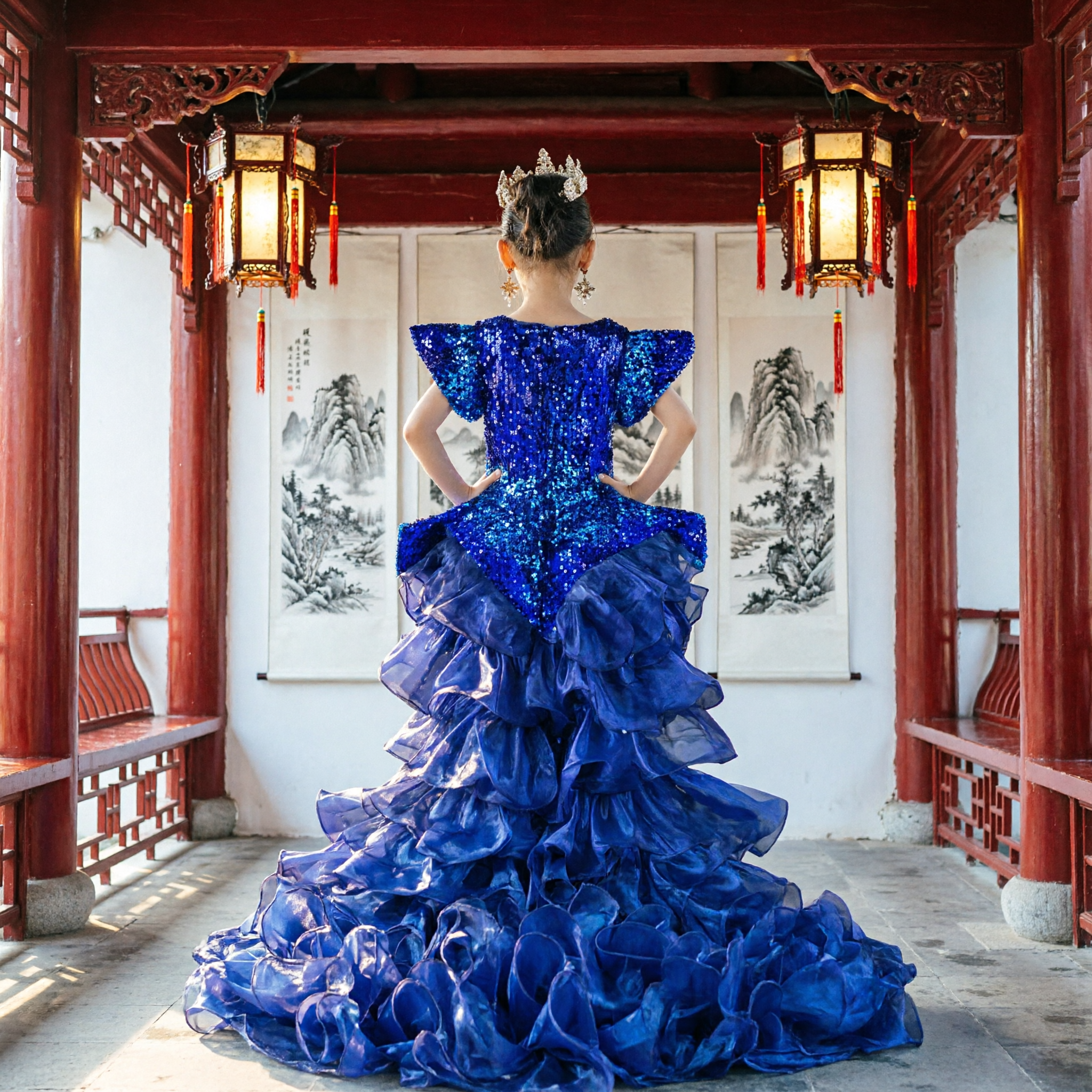 Vestido de Gala Azul Real con Lentejuelas para Niñas, Traje de Concurso Largo con Volantes para Princesa y Presentaciones - Asian Costume