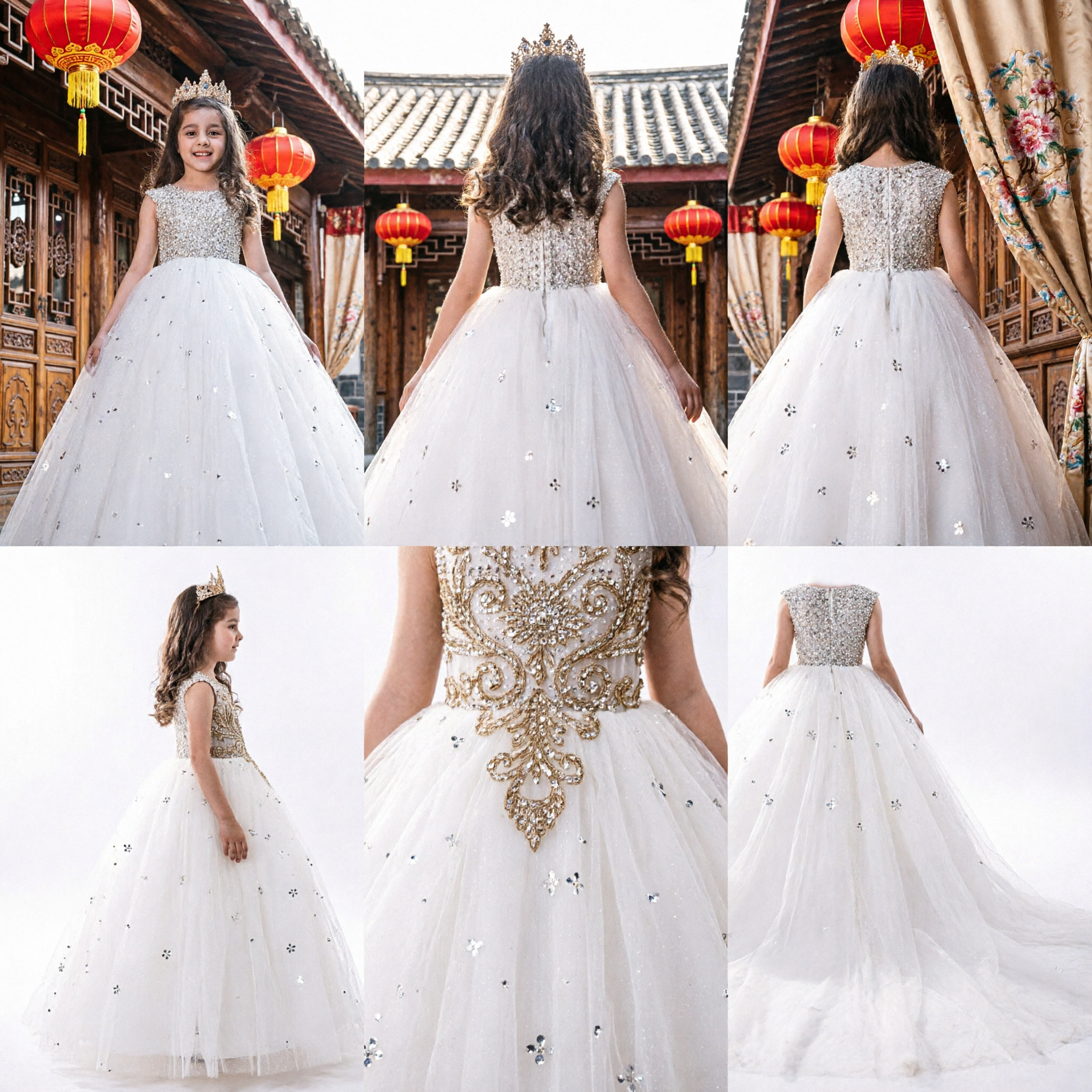 فستان أميرة أنيق أبيض من الشاش للفتيات لفعاليات زفاف وصيفة الزهور مع صدرية لامعة - Asian Costume