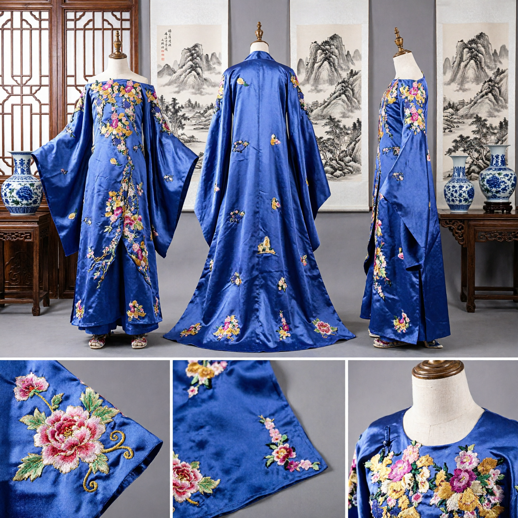 Traje Tradicional Chino Hanfu, Túnica de Seda Azul con Bordado Floral y Capa para Mujer, para Presentaciones en Escenario - Asian Costume