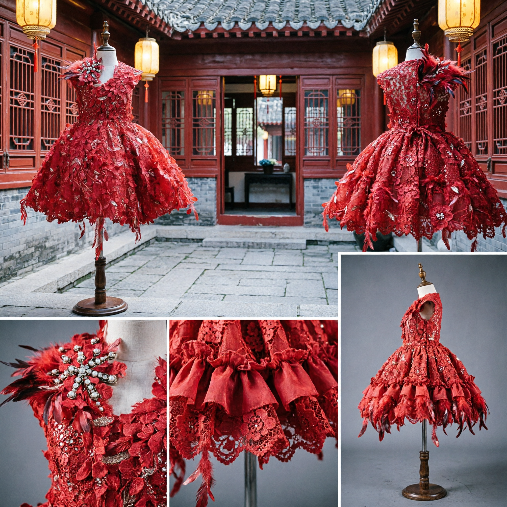 Vestido Rojo con Plumas 3D para Niñas, Traje para Presentaciones en Escenario, Baile y Eventos de Presentación - Asian Costume
