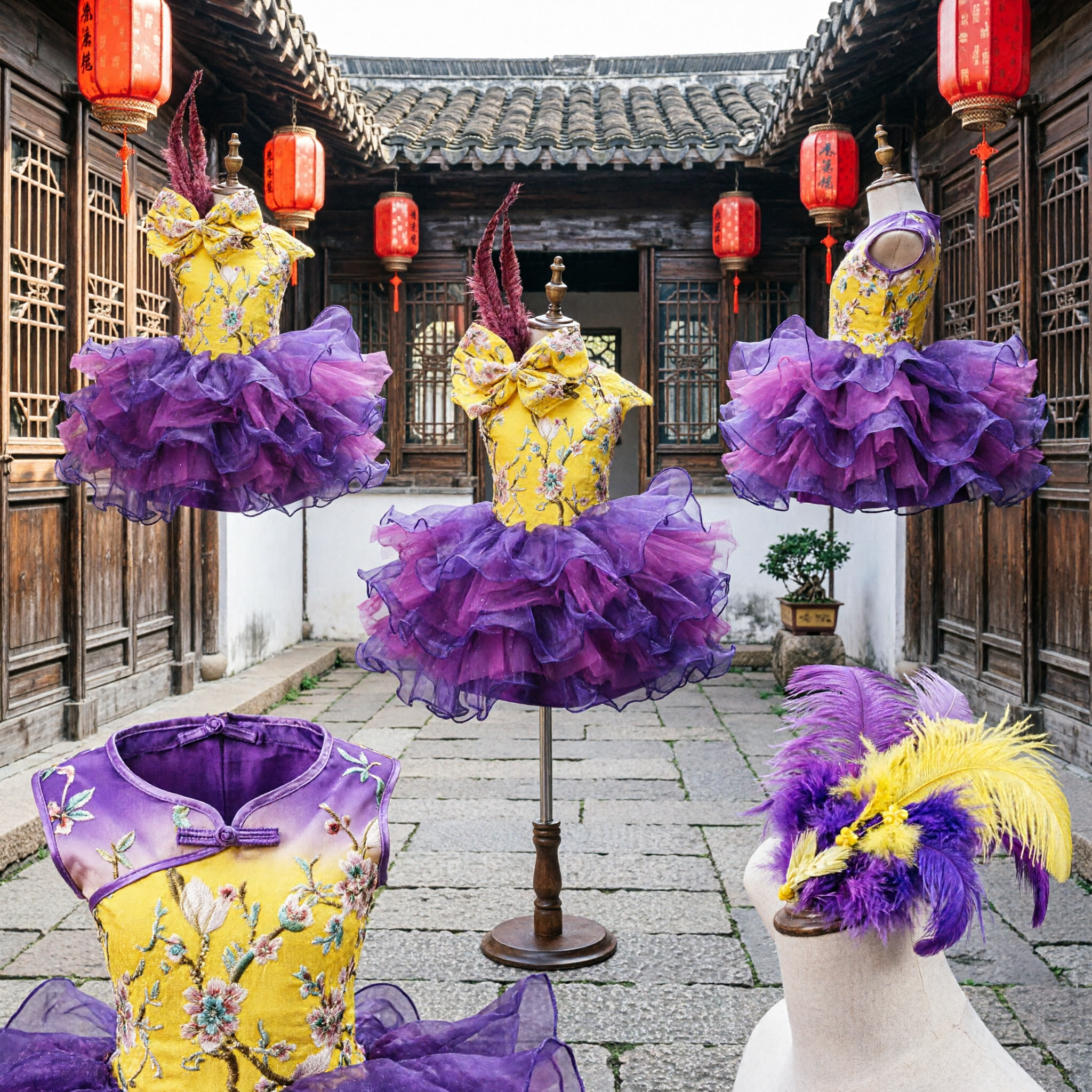 키즈 소녀 옐로우 플로럴 라틴 댄스 드레스 퍼플 러플 스커트 무대 공연 및 카니발 - Asian Costume