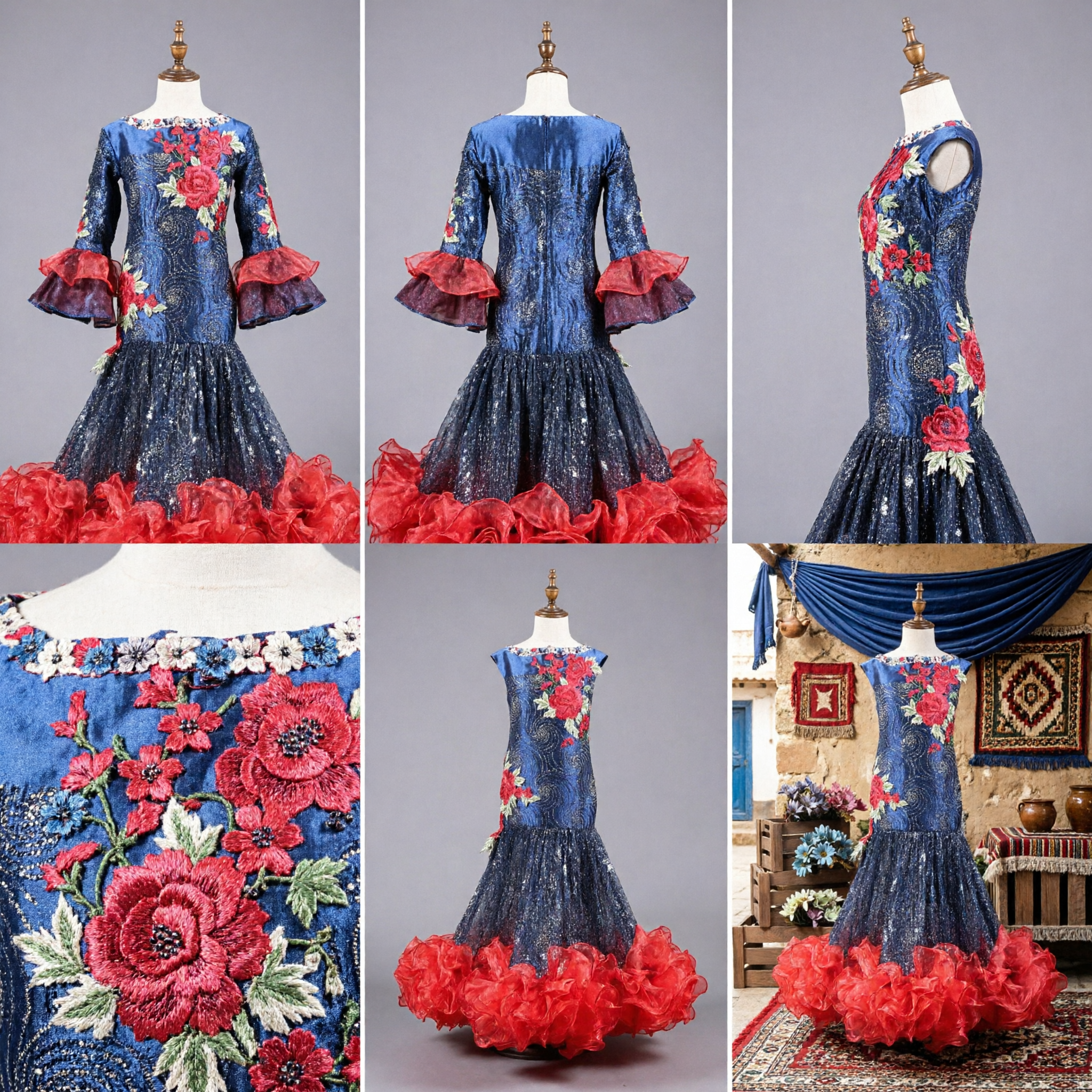 Robe traditionnelle de flamenco espagnol à imprimé floral bleu avec ourlet à volants rouge pour costume de spectacle de danse - Asian Costume