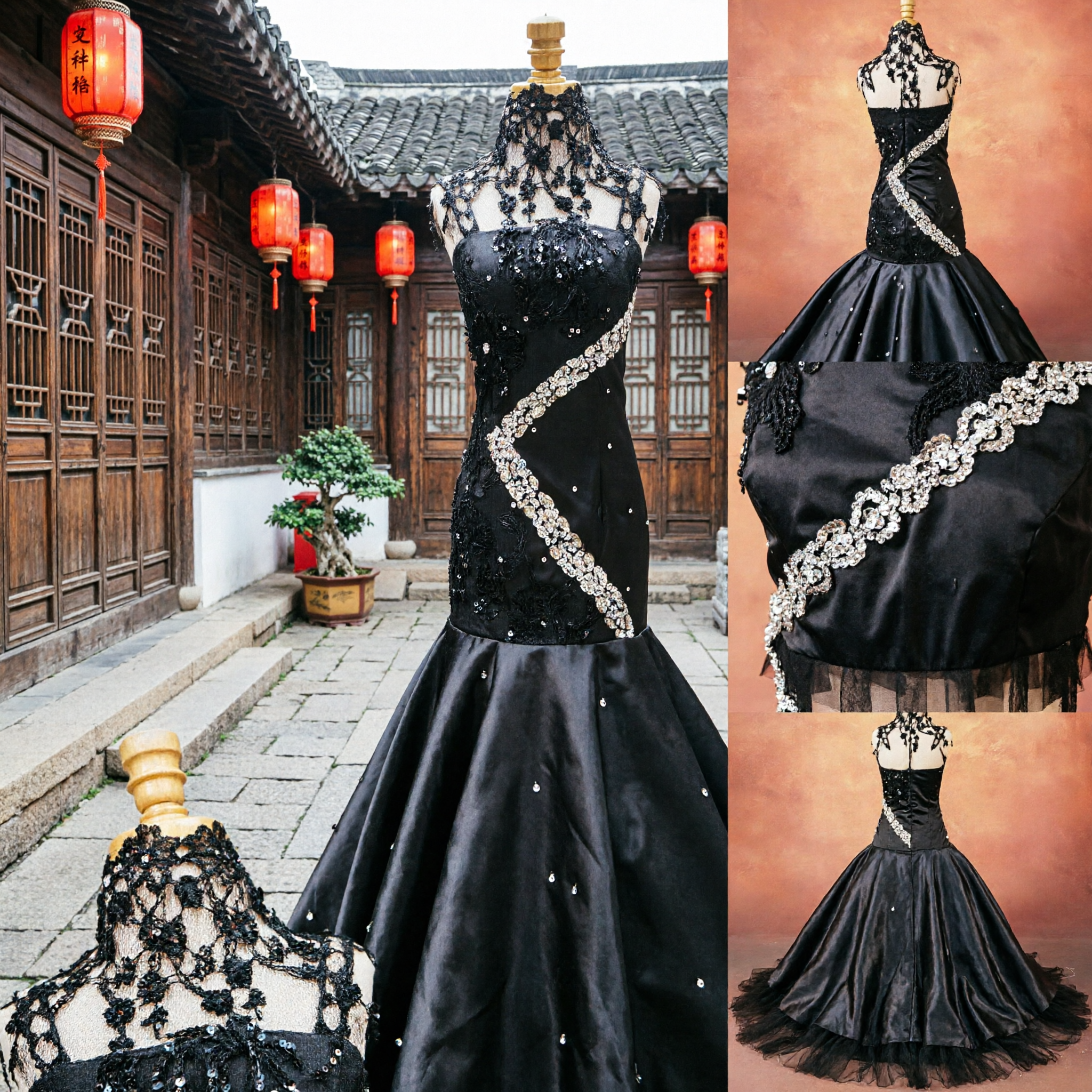 Robe de soirée sirène noire élégante avec ceinture à paillettes et encolure en dentelle pour galas formels et spectacles sur scène - Asian Costume