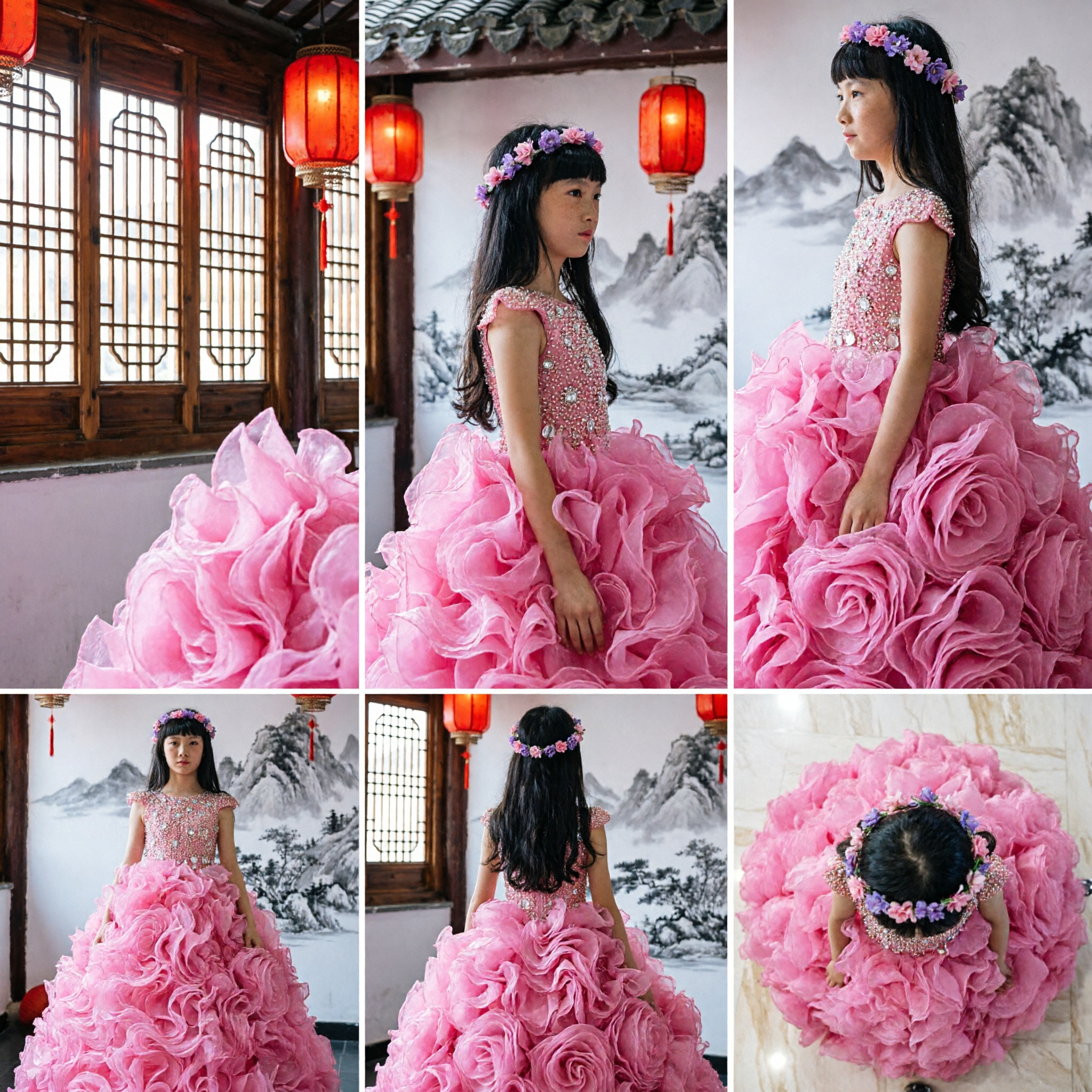 Girls Pink Ruffled Ball Gown Flower Girl Dress for Wedding Pageant Party Formal Performance - Asian Costume