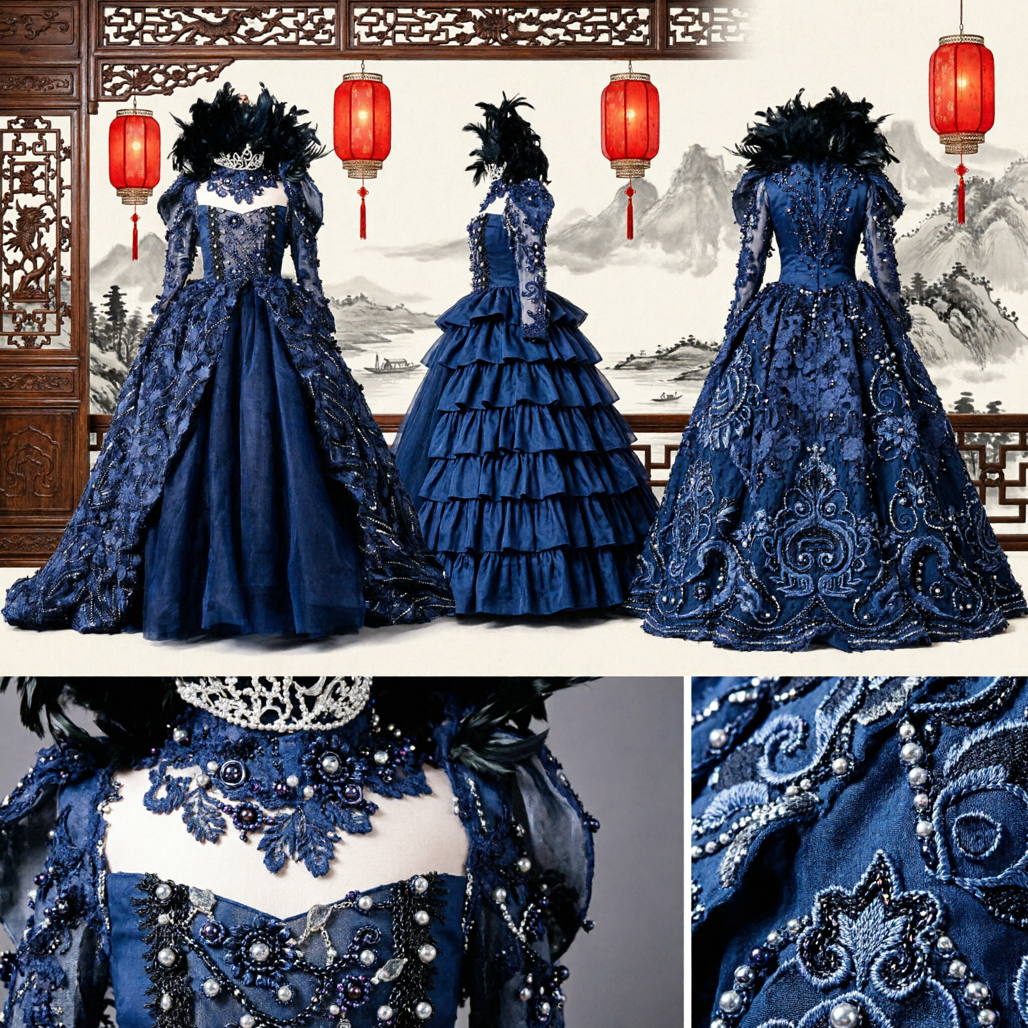 Dunkelblaues viktorianisches gotisches Ballkleid mit Spitze und Pailletten für Damen-Cosplay und Bühnenauftritte - Asian Costume