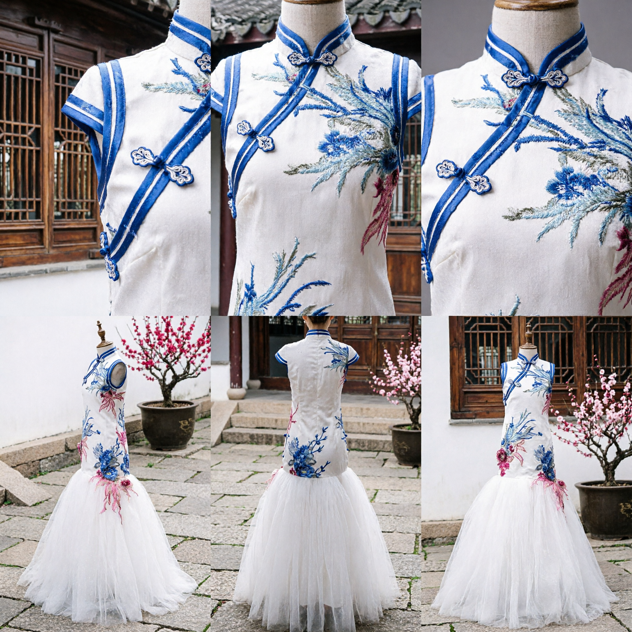 Robe de mariage chinoise Qipao blanche élégante avec broderie florale bleue et jupe sirène en tulle pour mariées et banquets formels - Asian Costume