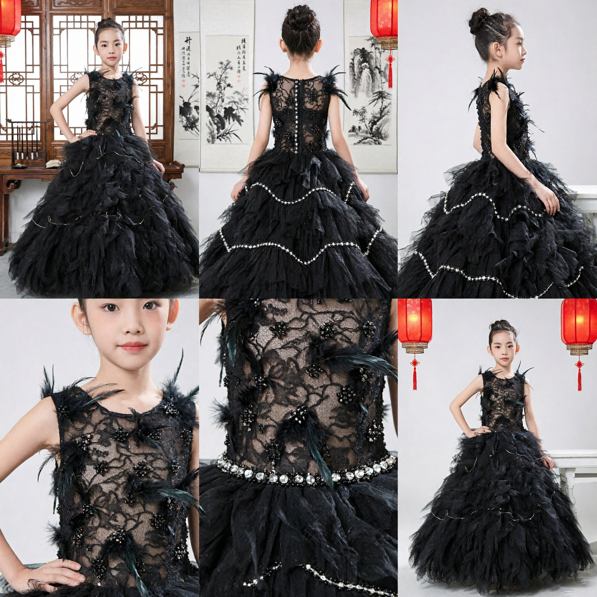 Robe de princesse de luxe noire en plumes et tulle pour filles, costume de robe de soirée formelle pour spectacle sur scène - Asian Costume