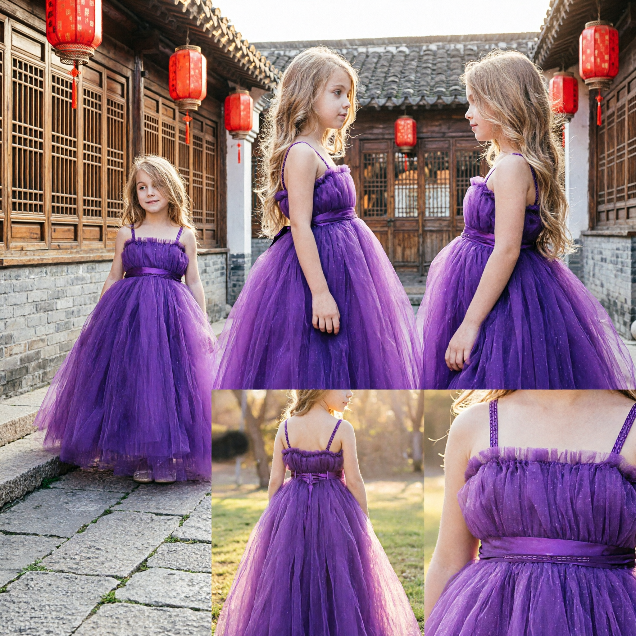 Elegant Purple Tulle Flower Girl Dress Kids Formal Party Gown Princess Wedding Pageant - Asian Costume