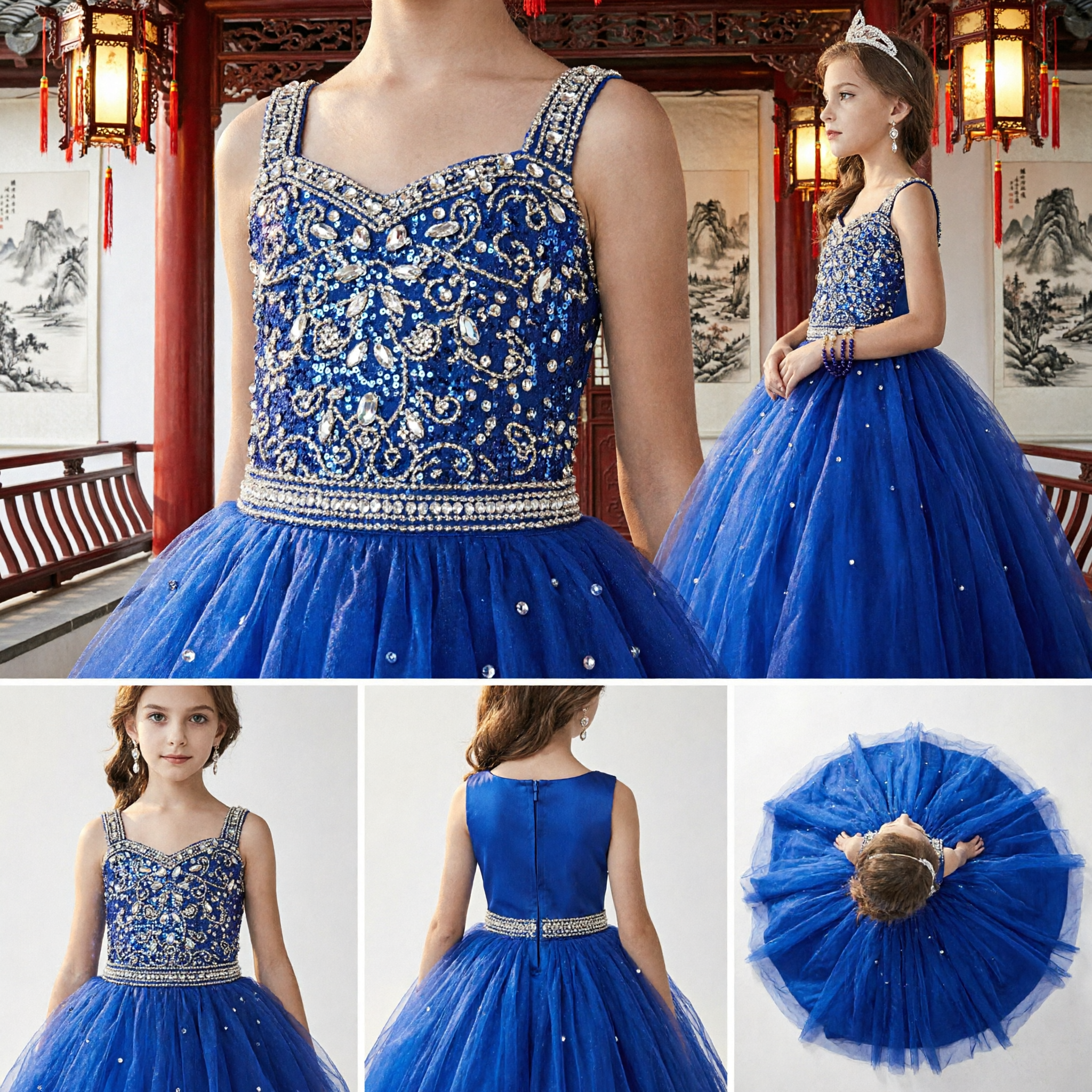 Abito da Damigella Blu Reale per Bambine, Corpetto con Perline e Gonna a Ballo in Tulle, per Matrimoni, Sfilate e Feste - Asian Costume