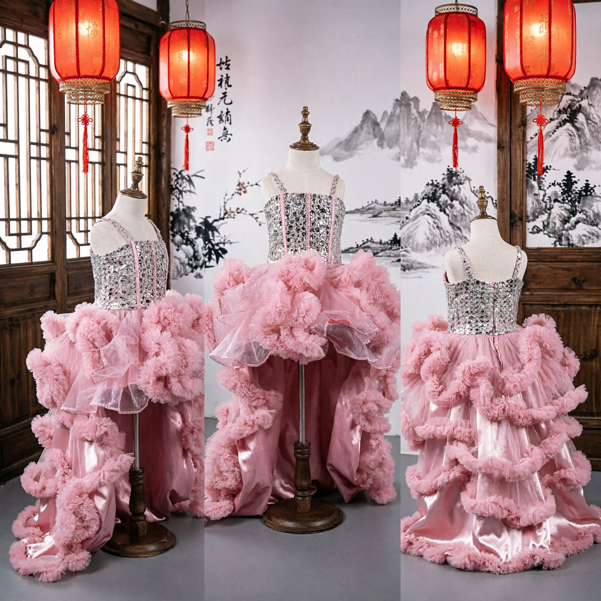 소녀용 핑크 스팽글 보디스 주름 튤 볼 가운 (꽃동무 웨딩 및 페이지언트 공연용) - Asian Costume