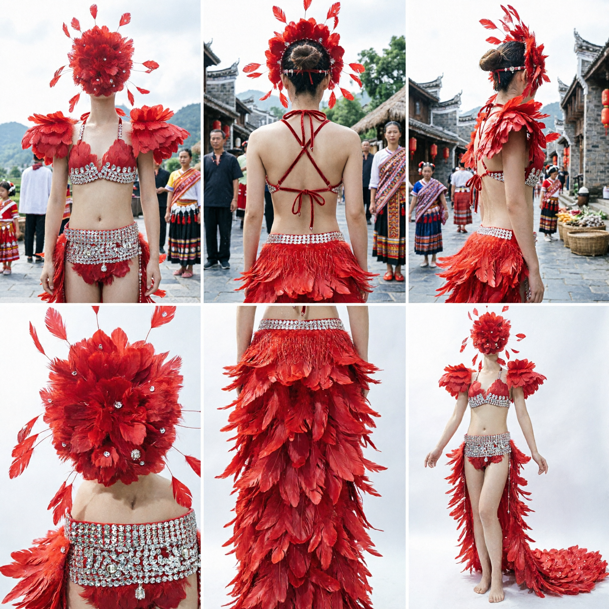 Ensemble de costume de carnaval samba à plumes rouges avec soutien-gorge à strass, coiffe et jupe pour spectacle scénique féminin - Asian Costume