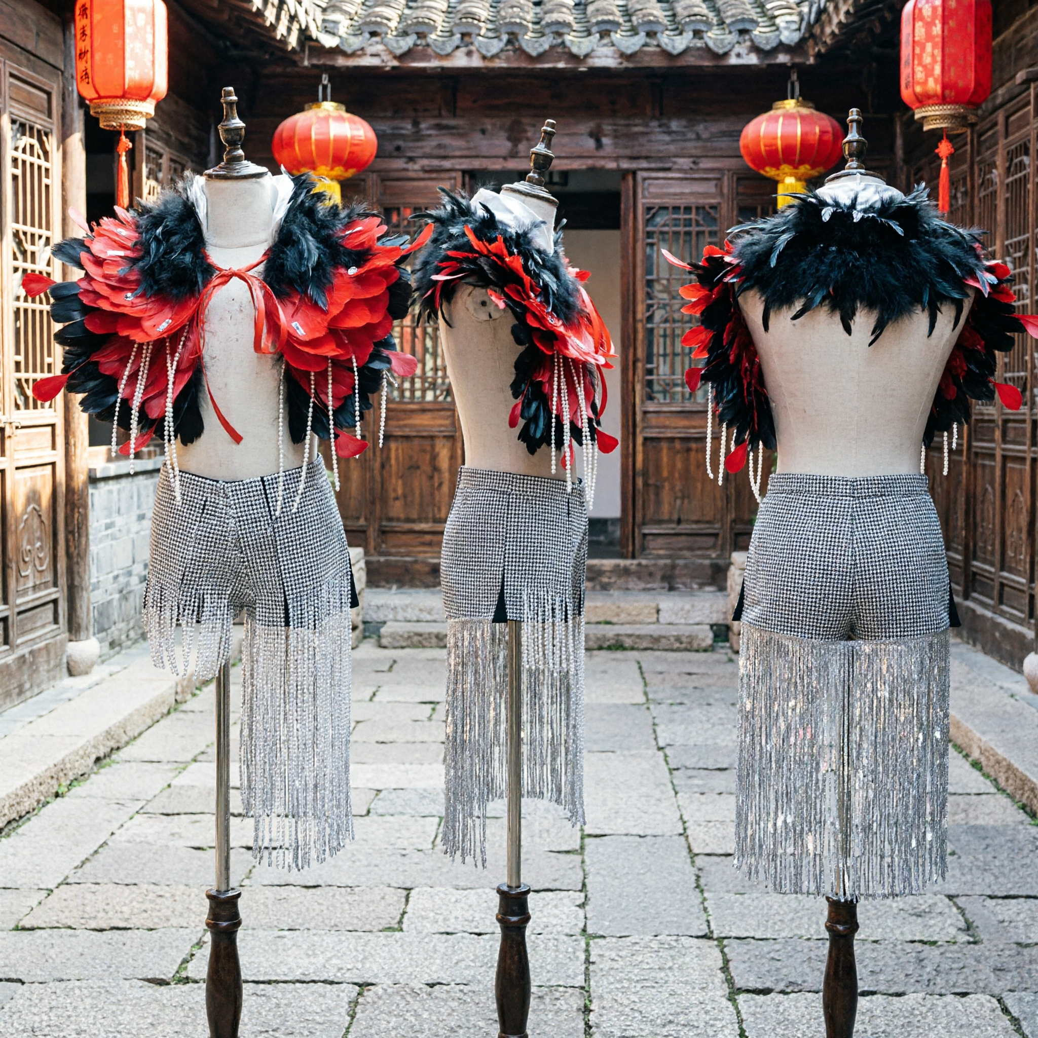 Aufwändiges Rot und Schwarz Feder Schulterkragen mit Silber Strass Fransen Gürtel für Damen Bühnentanz Auftritt - Asian Costume