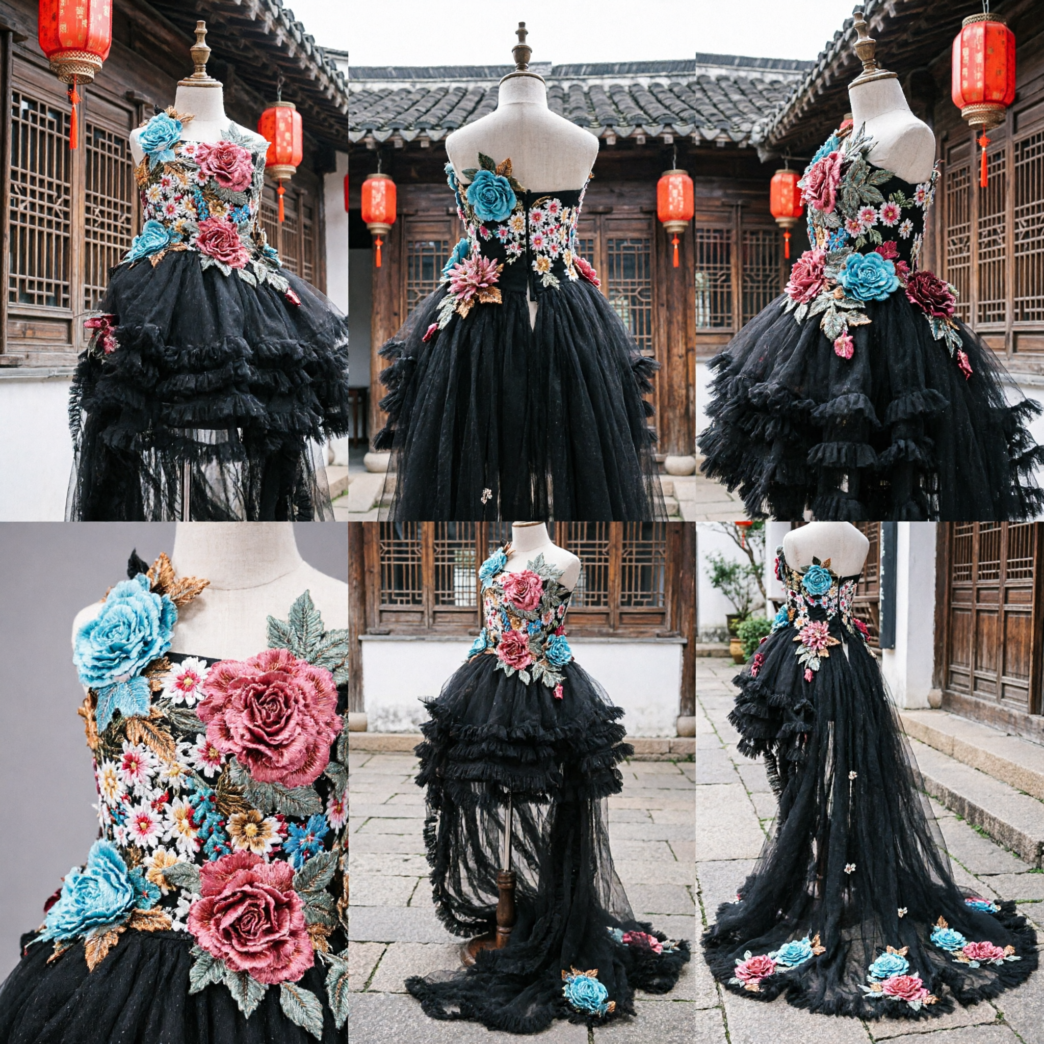 블랙 플로럴 자수 홀터 가운 (티어드 주름 스커트, 무대 공연 및 댄스 의상용) - Asian Costume