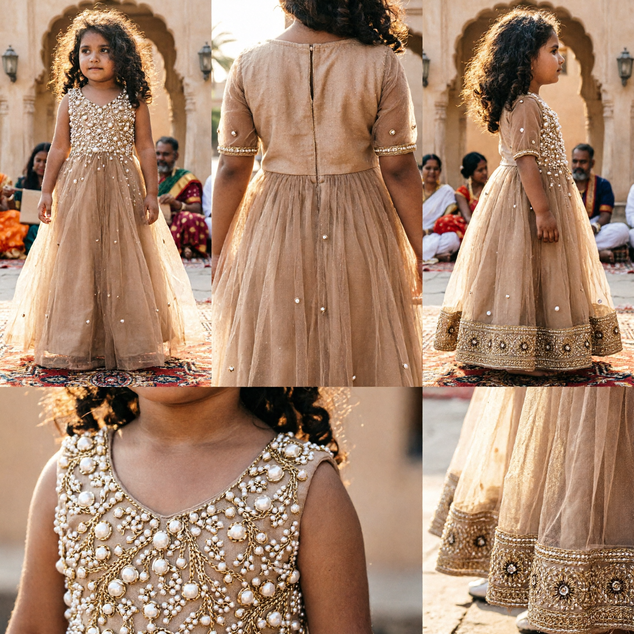 Vestido de Baile de Tule com Miçangas Douradas para Meninas de Colo, para Flower Girl, Casamento e Festa Formal - Asian Costume