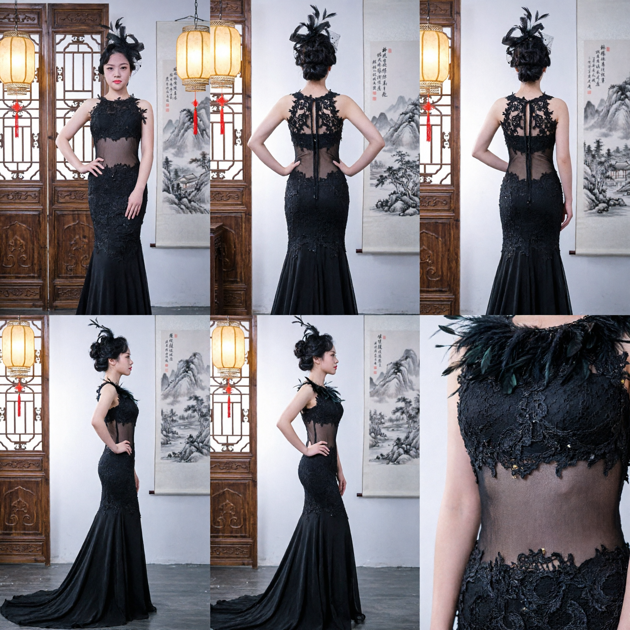 Robe de soirée élégante noire en dentelle style sirène avec panneau transparent pour femmes, pour bal de promo formel et animation scénique - Asian Costume