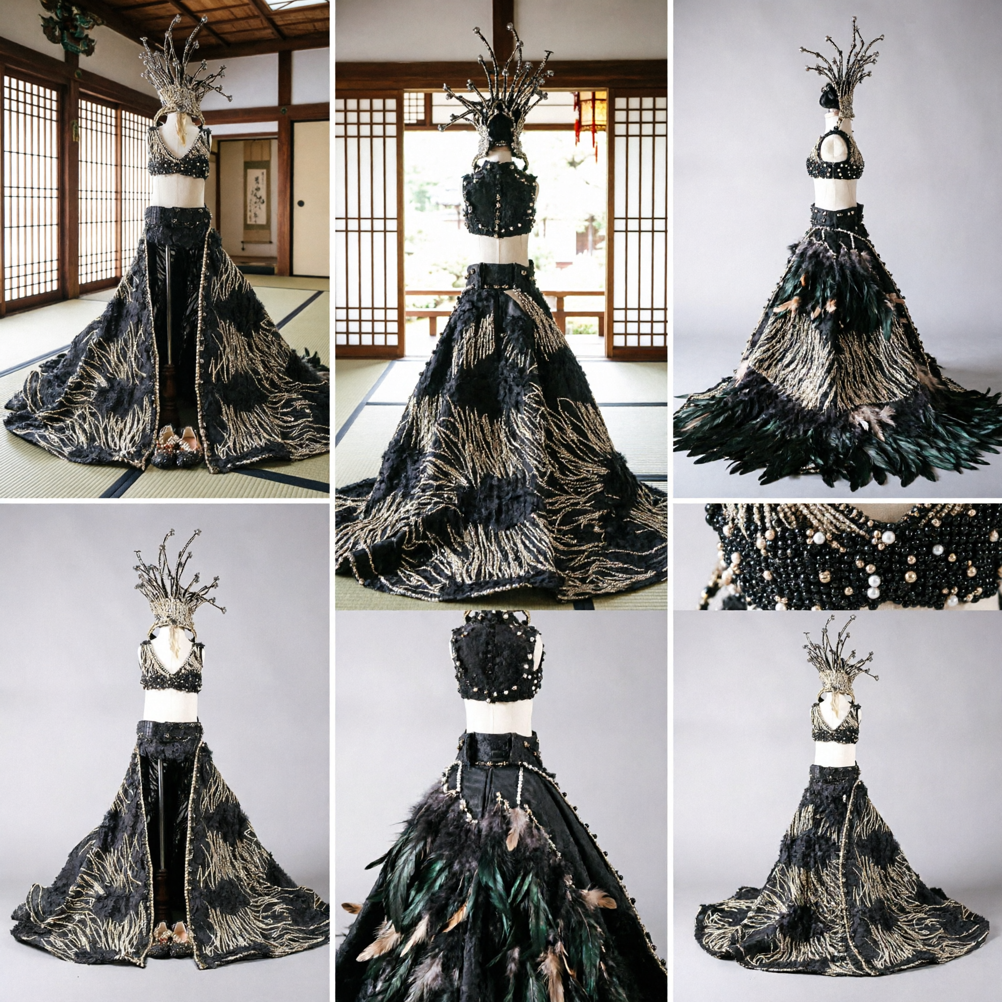 Czarny cekinowy kostium karnawałowy showgirl dla kobiet z ozdobnym nakryciem głowy na profesjonalne występy taneczne - Asian Costume