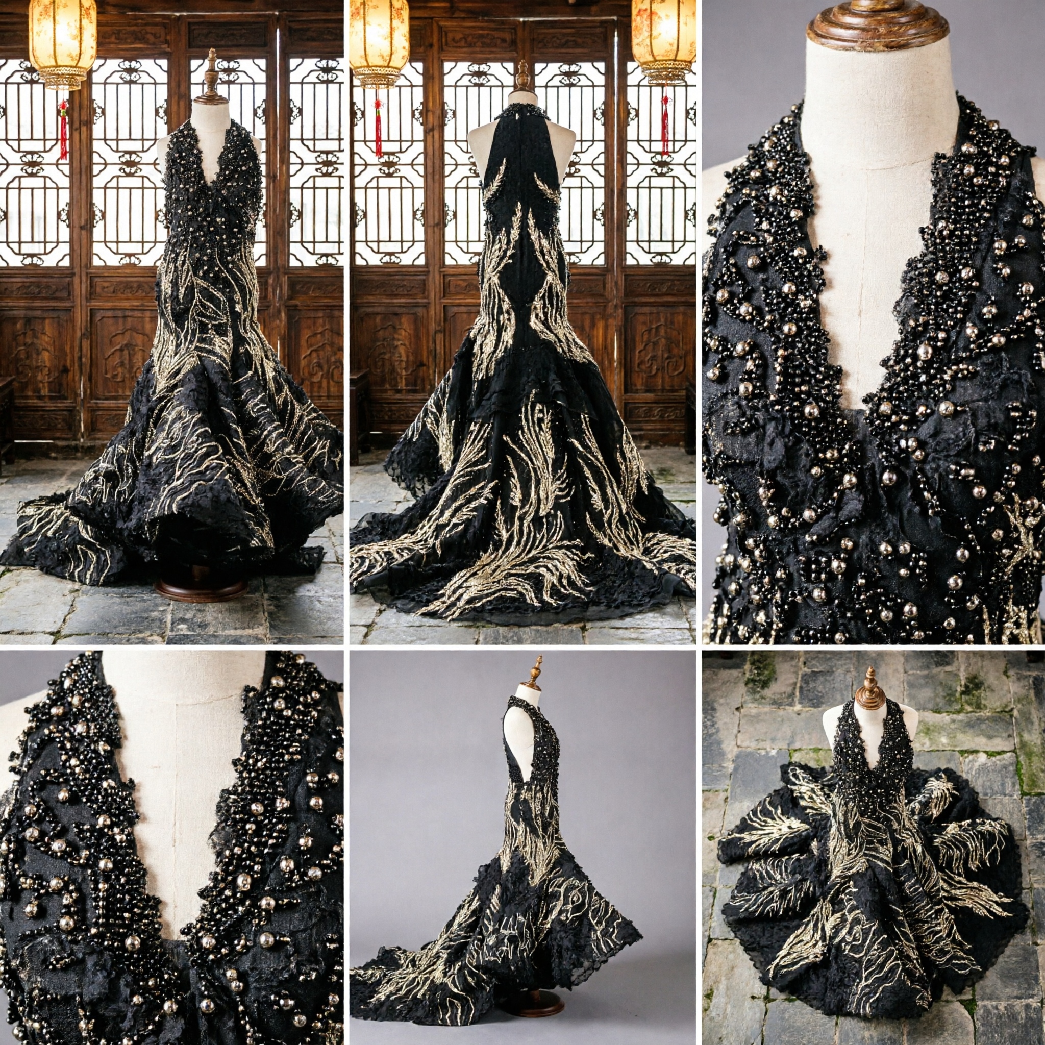 Robe de soirée sirène noire de luxe perlé pour femmes, robe formelle pour bal de promo, gala et performance scénique - Asian Costume