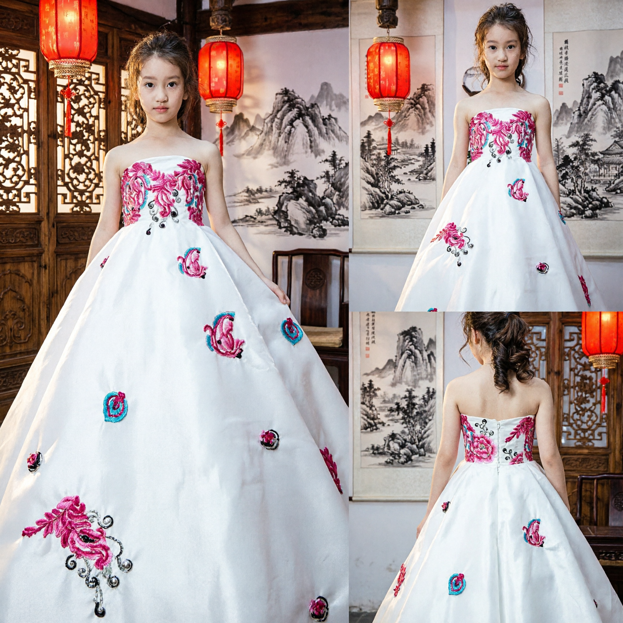 Weißes traditionelles chinesisches Kleid für Mädchen mit Phönix-Stickerei, Bühnenkostüm für Hochzeitsblumenmädchen und formelle Anlässe - Asian Costume