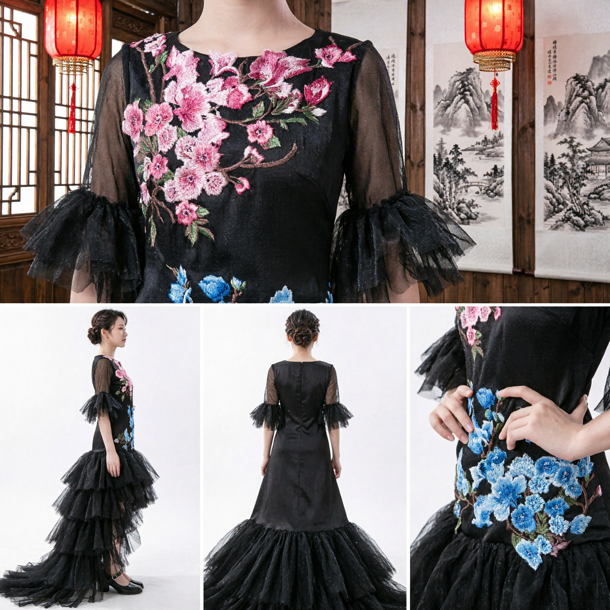 Schwarzes traditionelles chinesisches Tanzkostüm mit floraler Stickerei für Mädchen, Bühnenkleid mit Tüllrock - Asian Costume
