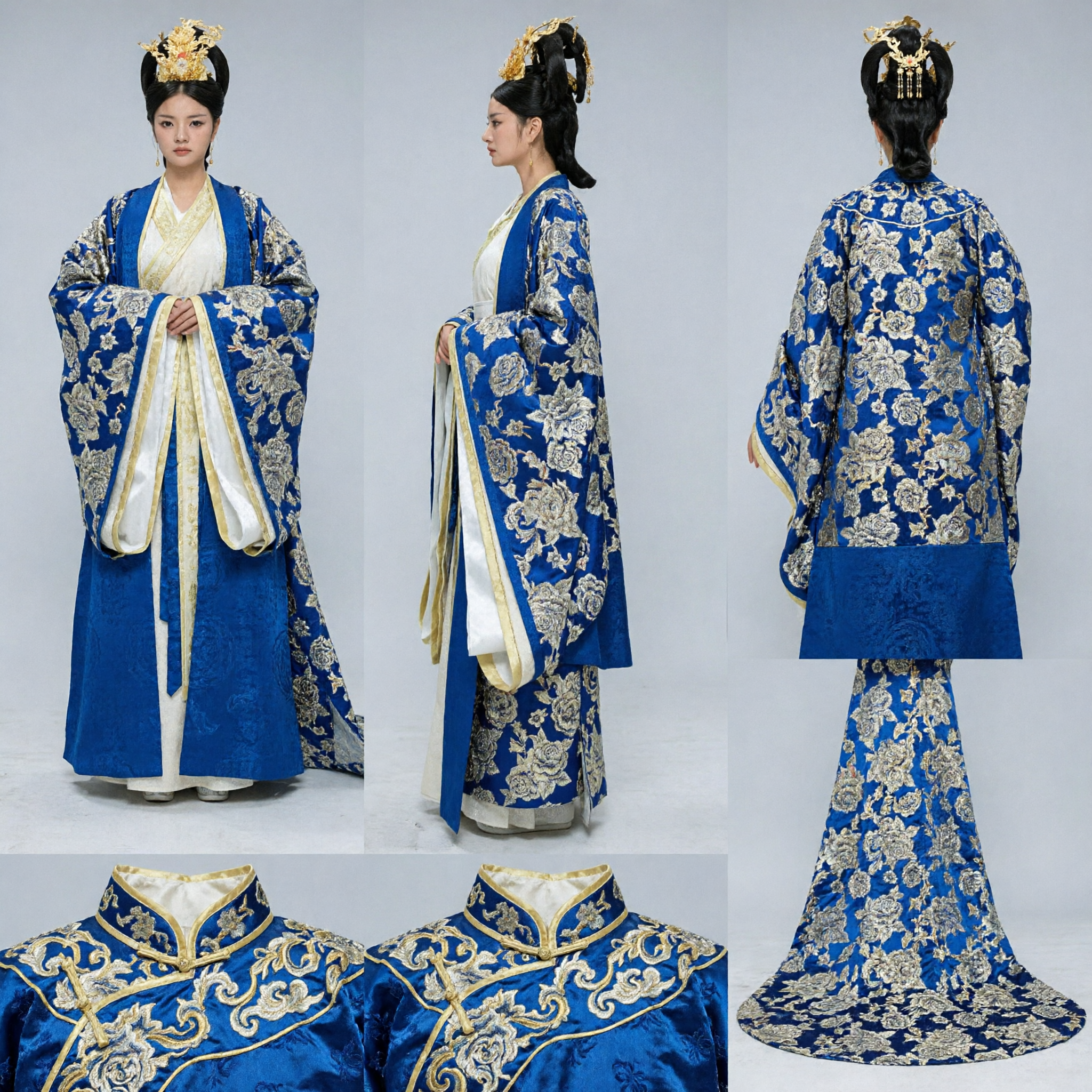 ロイヤルブルー中国唐王朝皇后漢服衣装 ゴールド刺繍古代ドレス 女性用コスプレ - Asian Costume