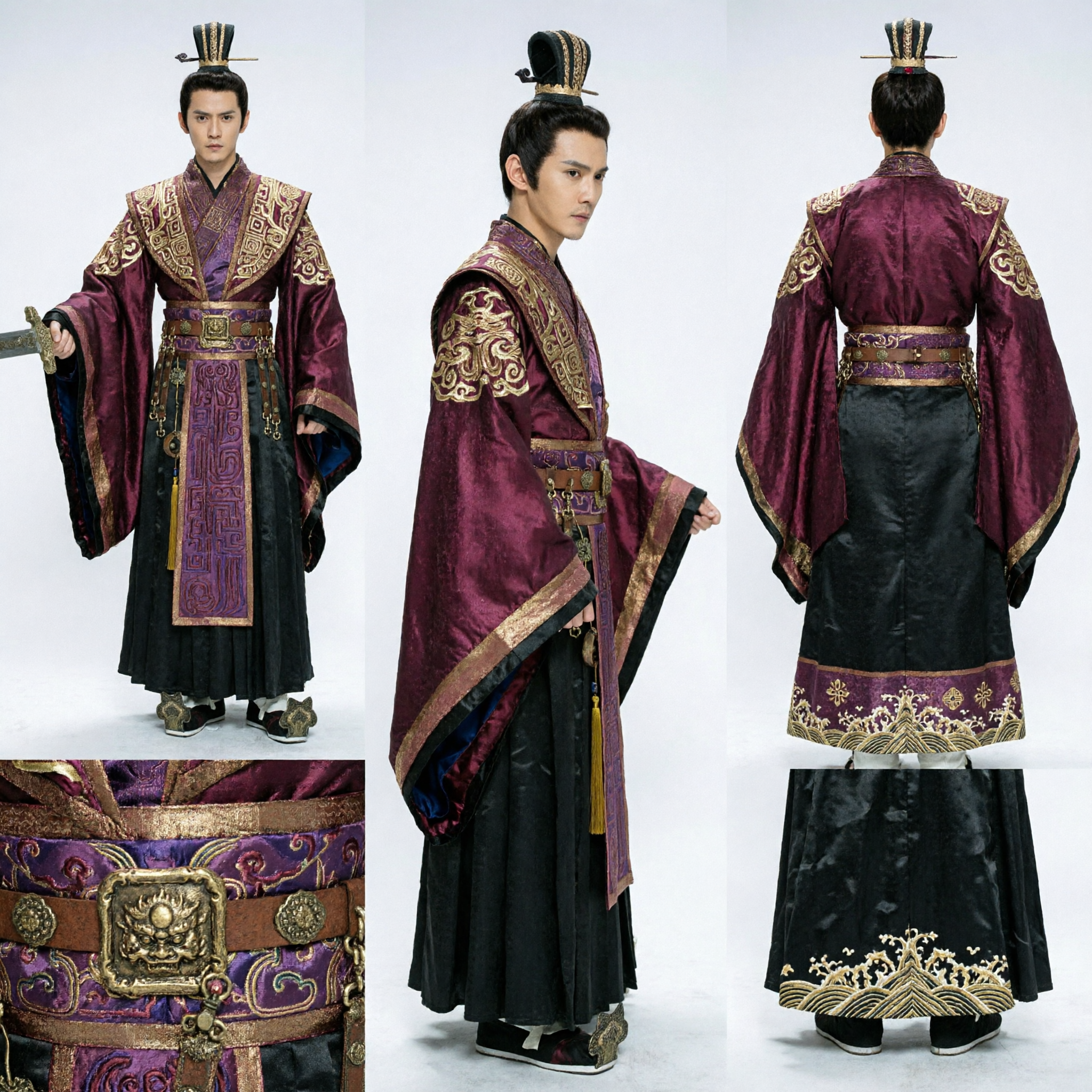 Costume da Principe Cinese Antico per Uomini, Hanfu del Periodo degli Stati Combattenti con Spada per Cosplay e Drammi Storici - Asian Costume