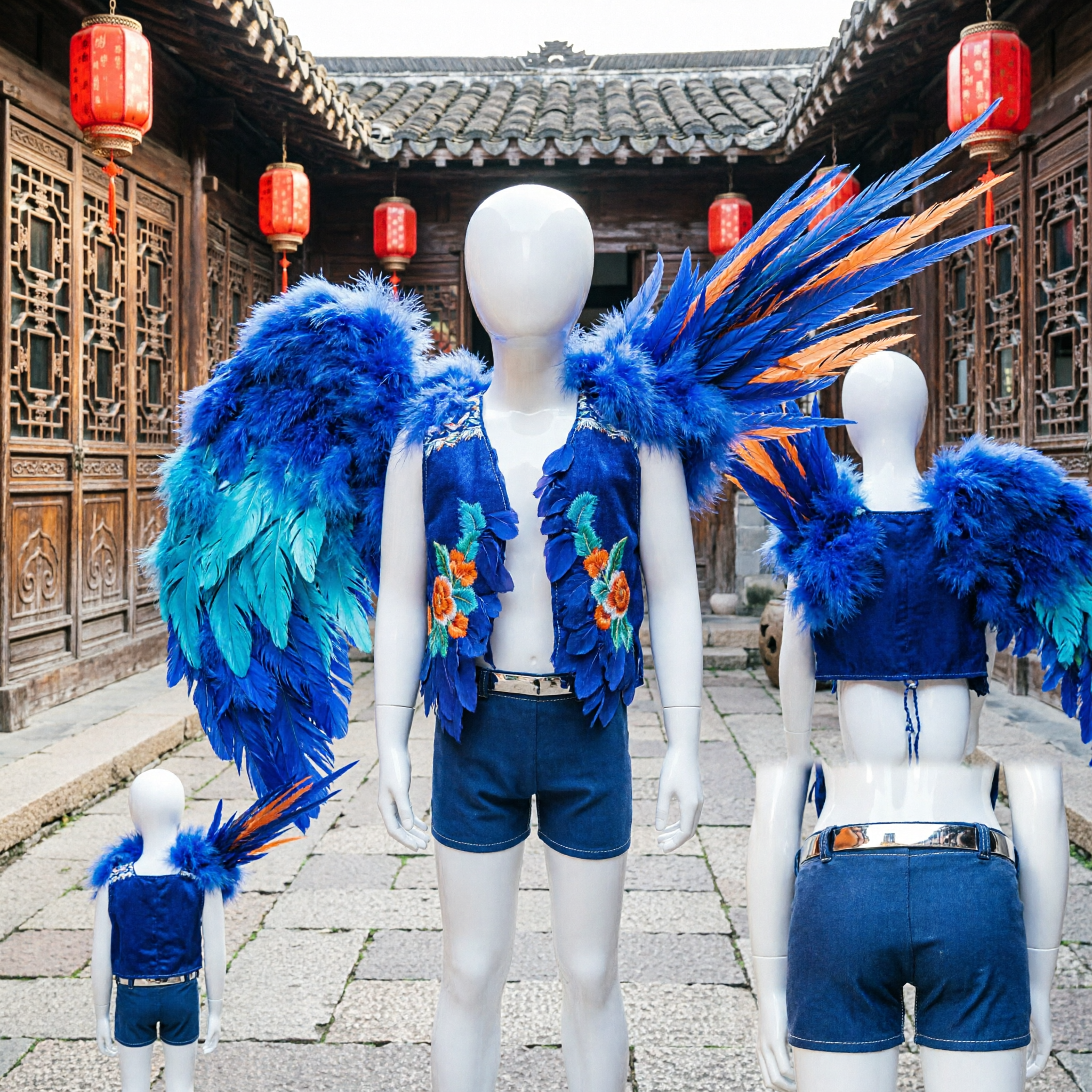 Conjunto de Disfraz de Samba Carnaval con Alas de Plumas Azules Vibrantes, Chaleco y Pantalones Cortos con Lentejuelas para Presentación en Escenario - Asian Costume