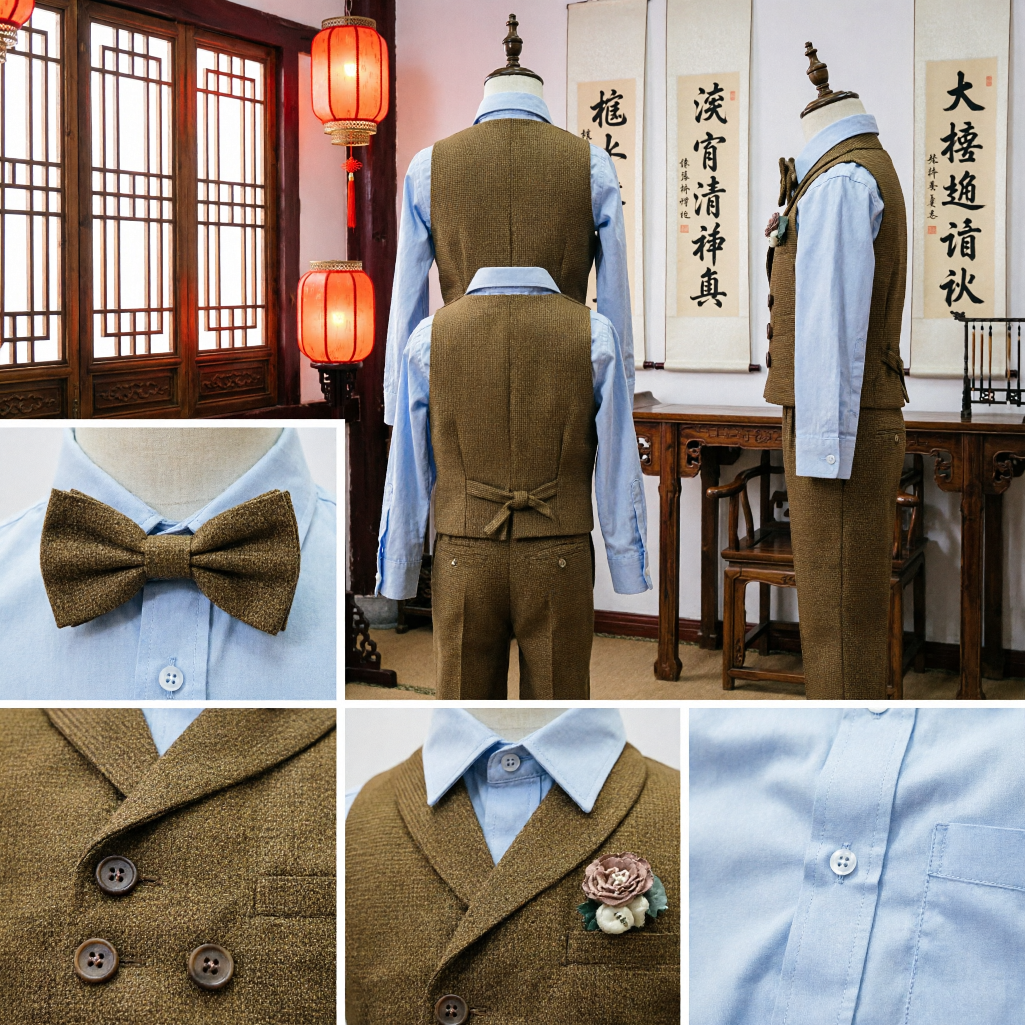 Set Completo Classico per Bambini con Gilet Doppiopetto Marrone e Papillon per Matrimoni, Paggetti e Feste - Asian Costume
