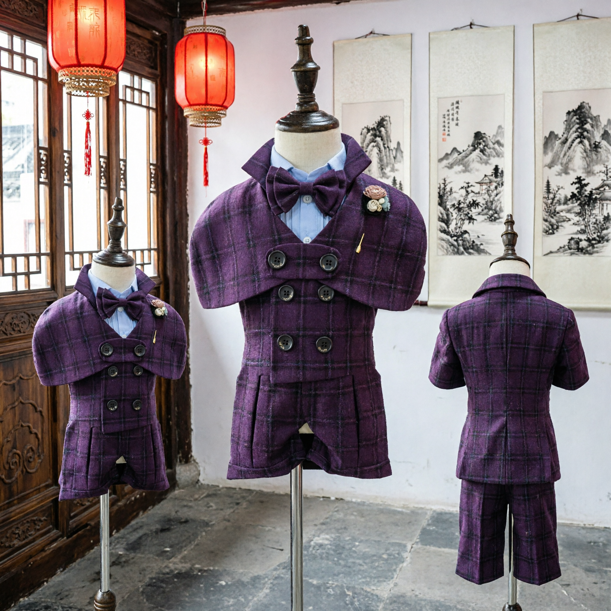 Set Smoking Formale per Neonato in Tartan Viola con Papillon per Matrimoni e Feste - Asian Costume