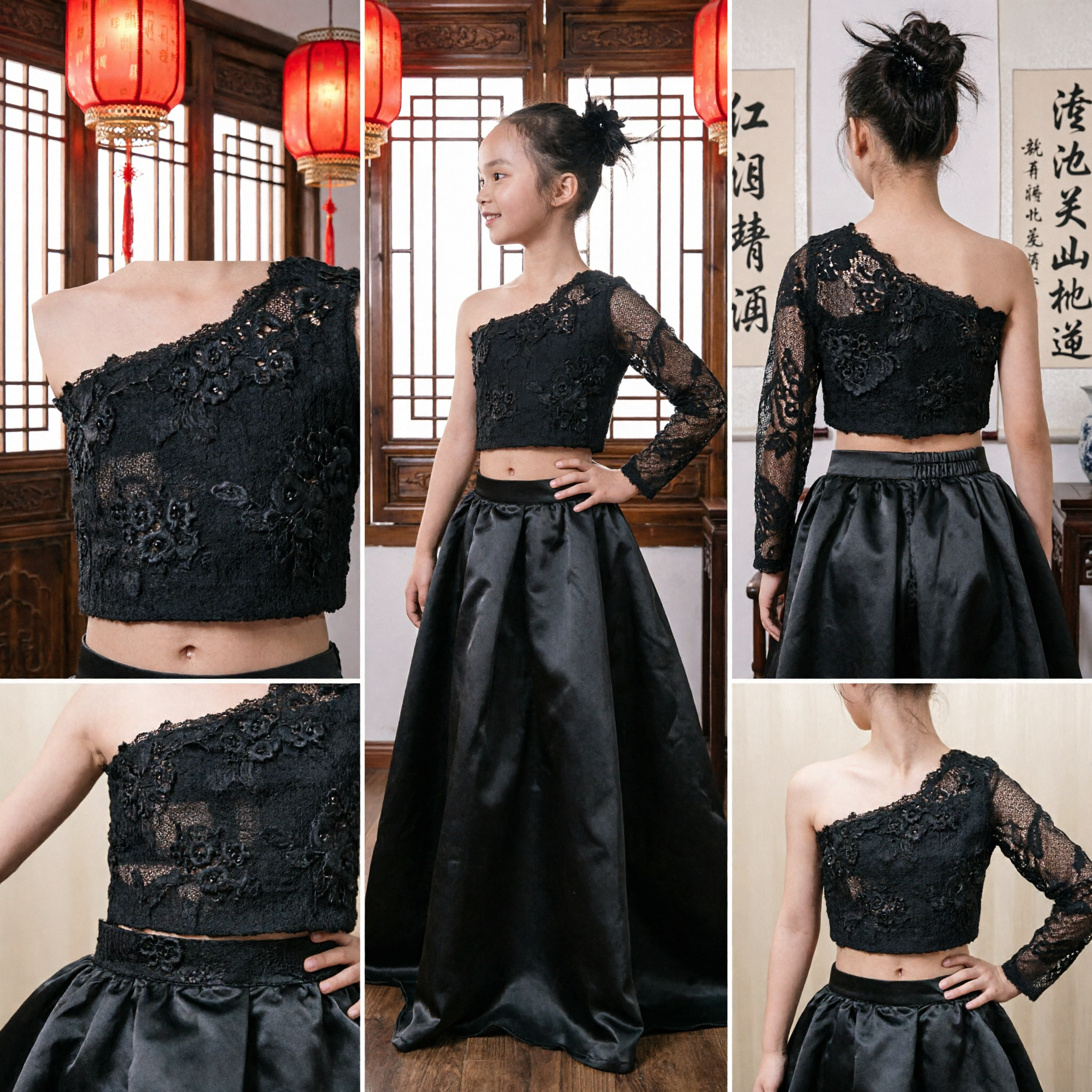 Robe de danse deux pièces noire une épaule avec broderie florale pour filles, costume de performance scénique de danse latine et de balroom - Asian Costume