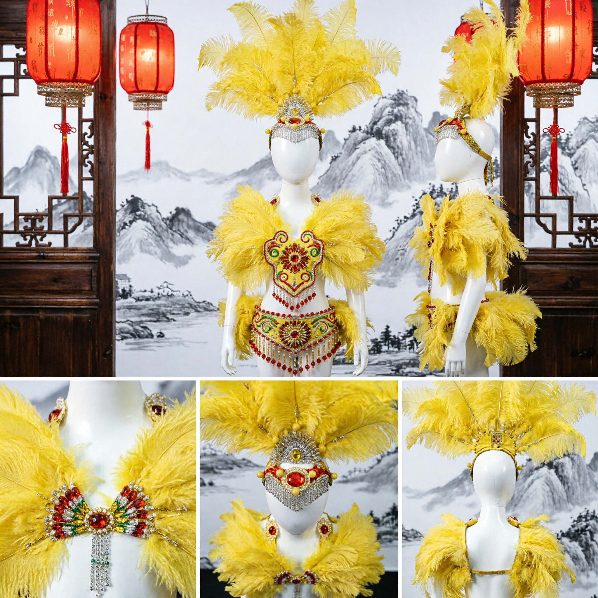 Women's Yellow Feather Samba Carnival Costume Set with Headdress for Stage Dance Performance - Asian Costume