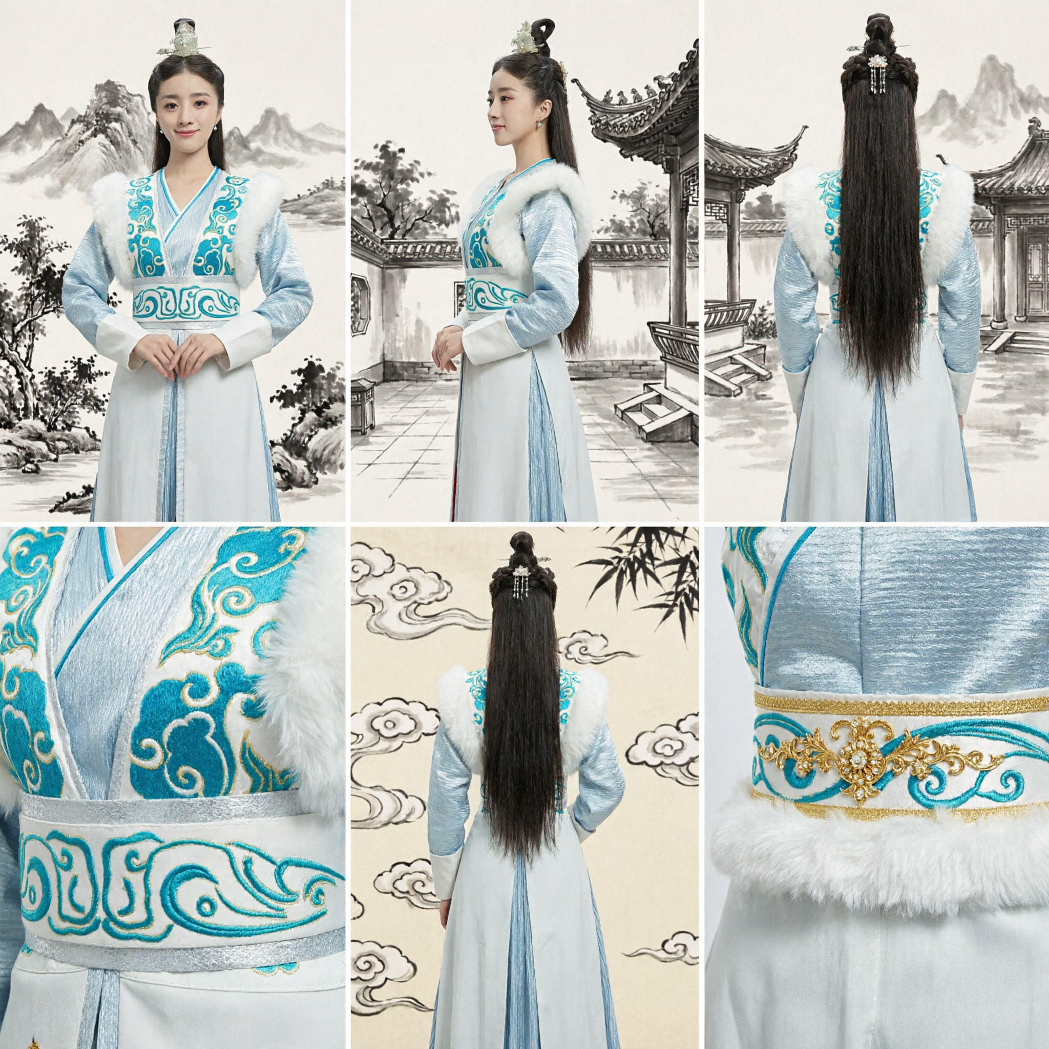 여성 전통 중국 한푸 고대 무협 여검객 의상 파란색 자수 요정 드레스 코스프레용 - Asian Costume
