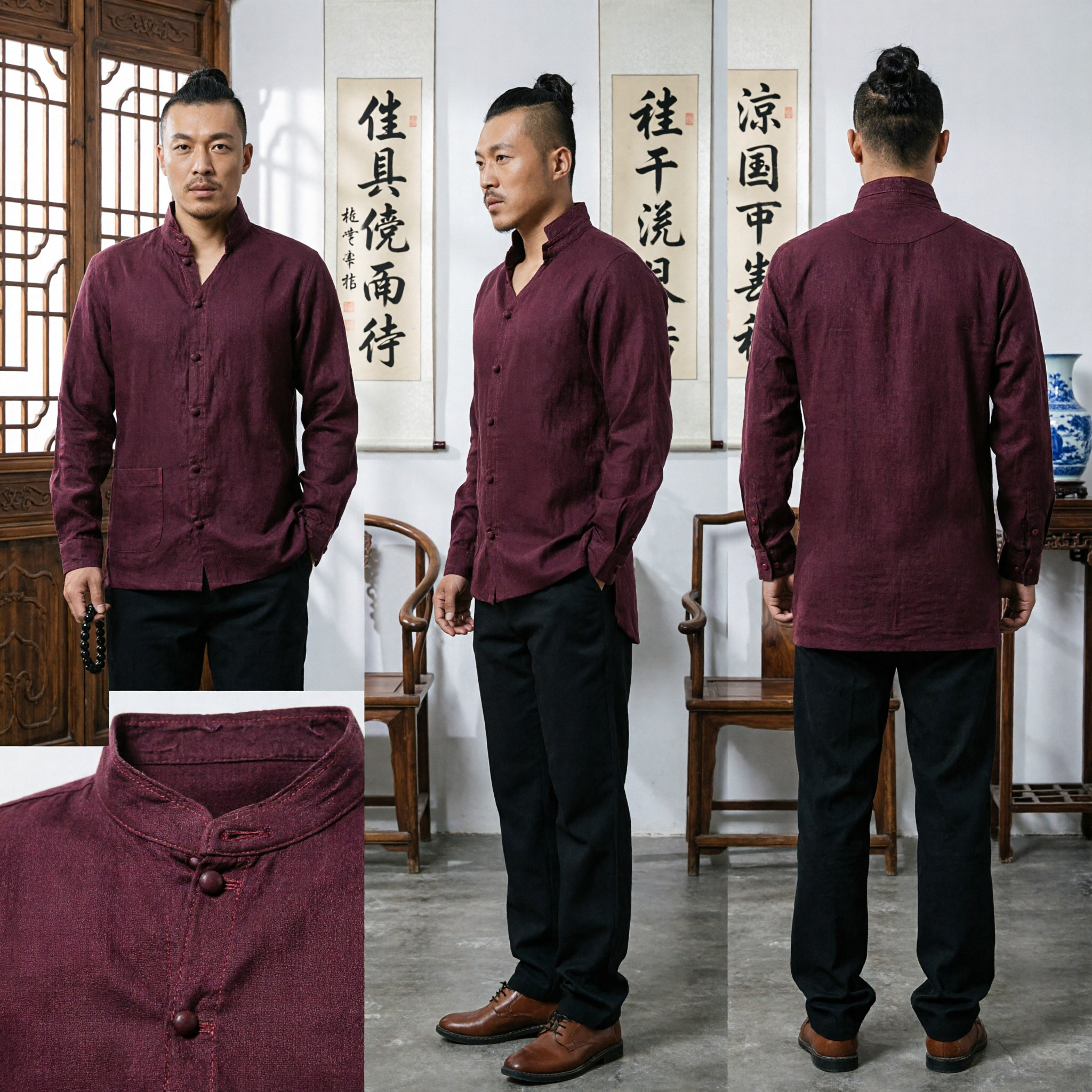 Mannen Traditioneel Chinese Tang Suit Shirt Bordeauxrode Mandarijnkraag Top voor Kung Fu Zen Meditatie en Casual Dragen - Asian Costume
