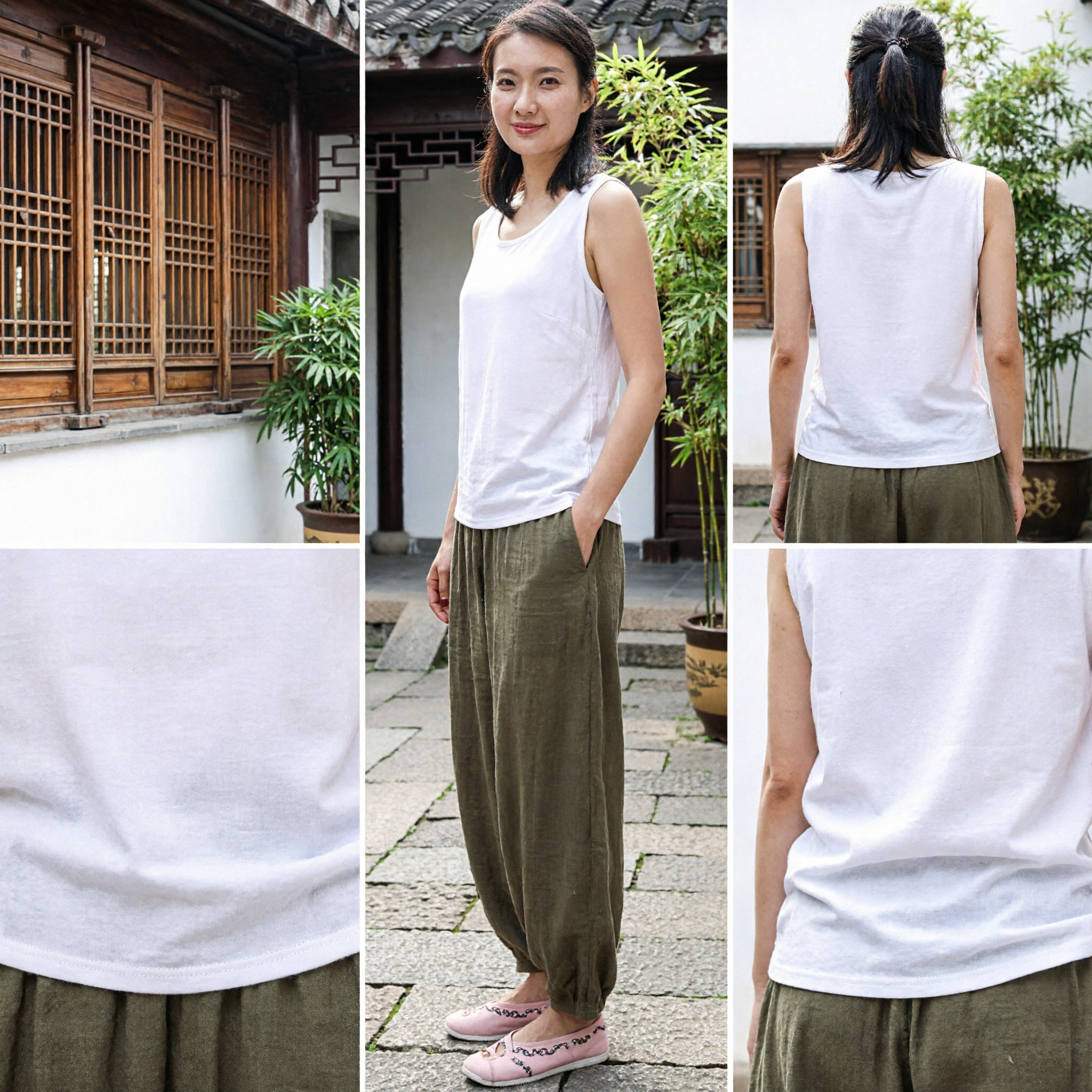 Conjunto Tradicional Chino de Pantalones de Kung Fu y Top sin Mangas en Lino para Mujer, para Tai Chi, Yoga y Uso Casual - Asian Costume