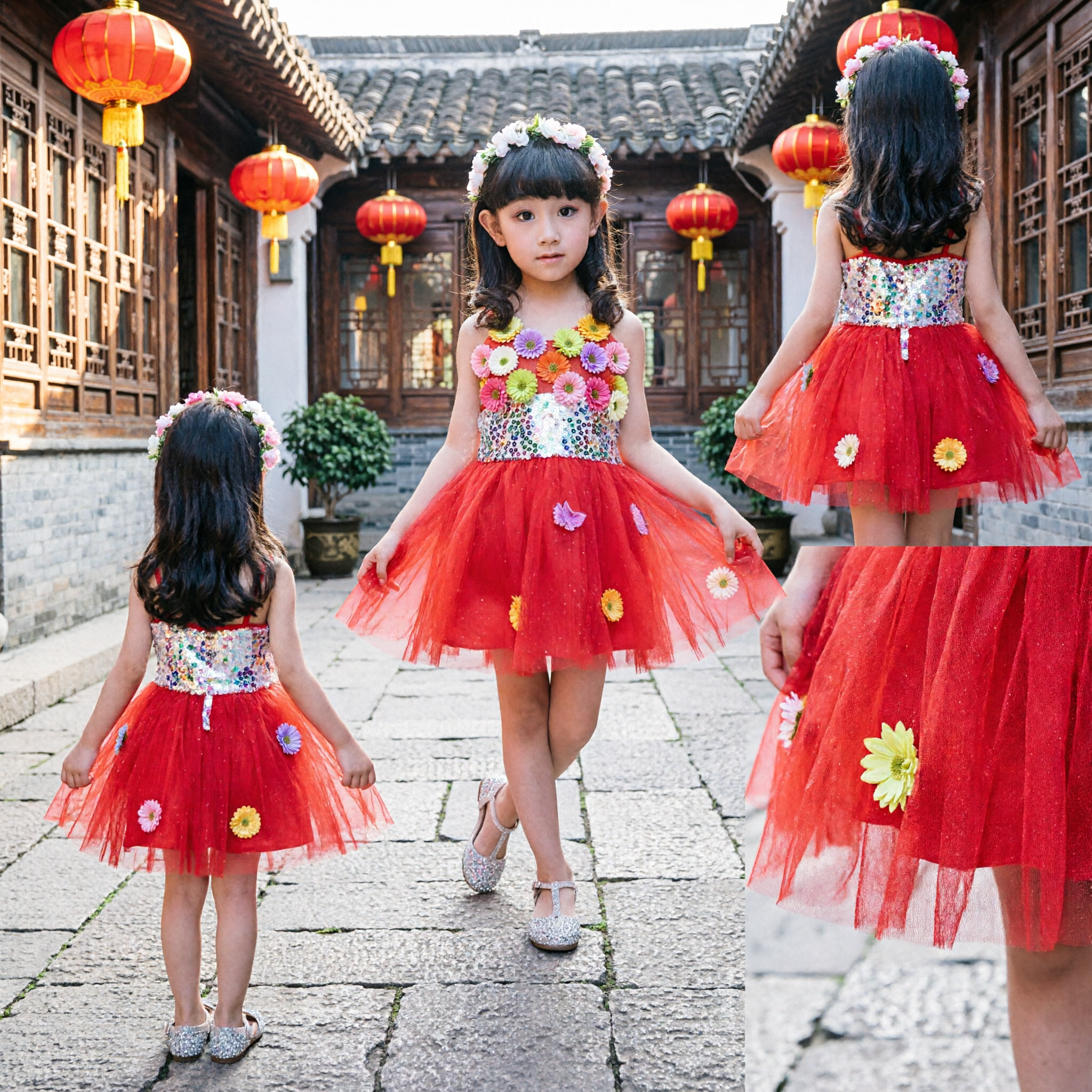 Mädchen Blumen Pailletten Tutu-Kleid Rot Tüll-Rock Kinder Bühnenauftritt Party-Kostüm - Asian Costume
