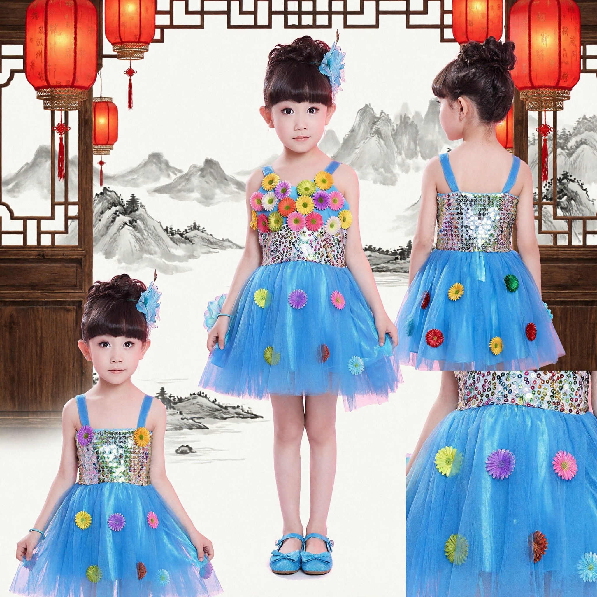 Mädchen Blaues Farbenfrohes Blumen Pailletten Tutu-Kleid Kinder Bühnen-Tanz-Aufführungskostüm - Asian Costume