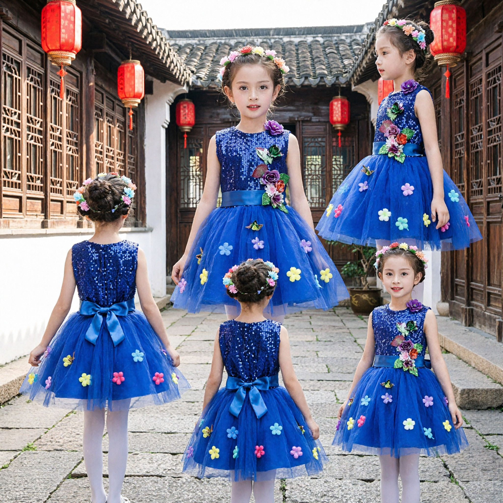Королевское синее платье-пачка для девочек с пайетками, 3D-цветами и повязкой для волос для танцевальных выступлений - Asian Costume