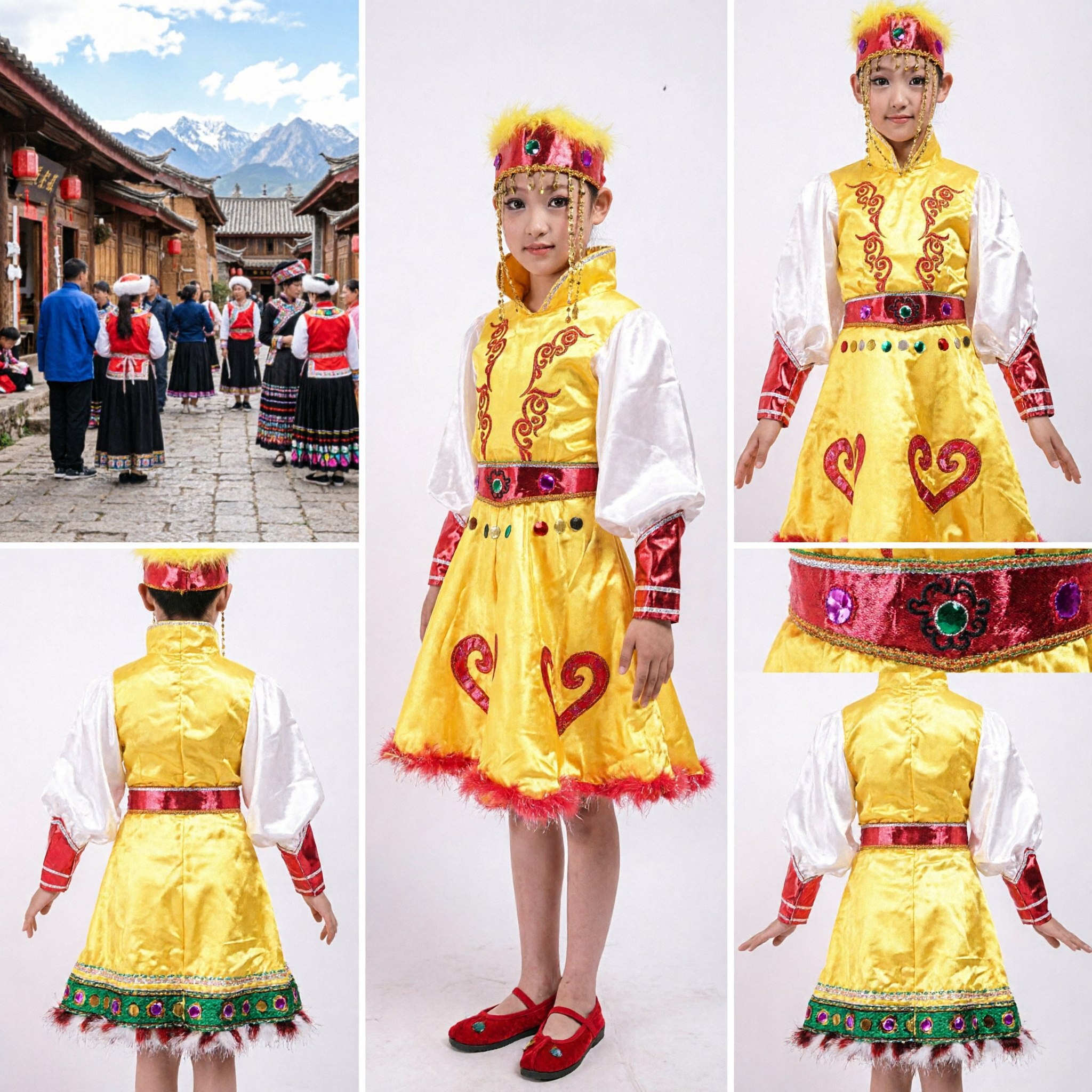 Kinder Chinesisches Traditionelles Ethnisches Tanzkostüm Mädchen Gelbes Volks-Aufführungs-Outfit mit Feder-Kopfschmuck - Asian Costume