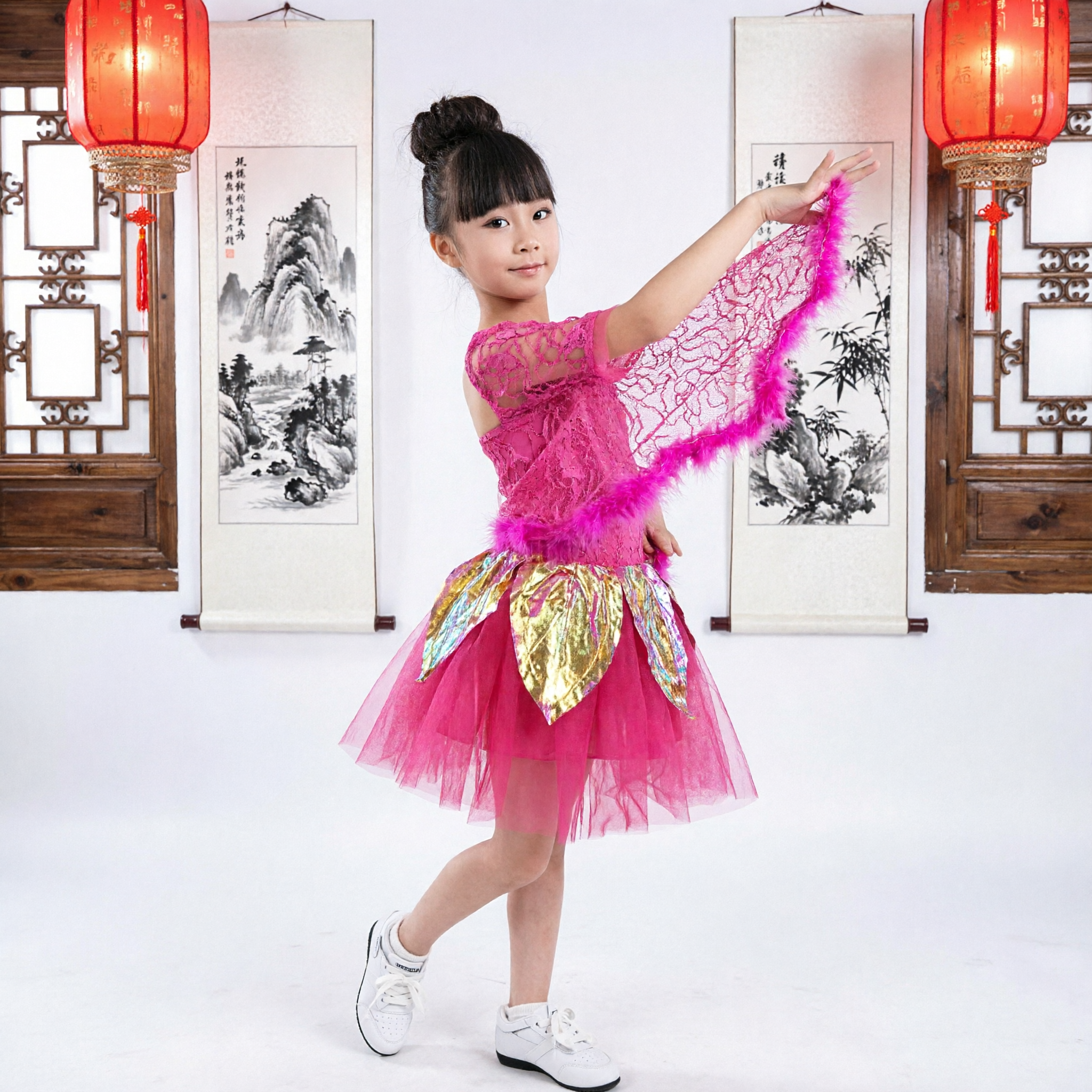 Kinder Mädchen Chinesisches Traditionelles Pfauentanz-Kostüm Rosa Bühnen-Aufführungs-Volkskleid Outfit - Asian Costume