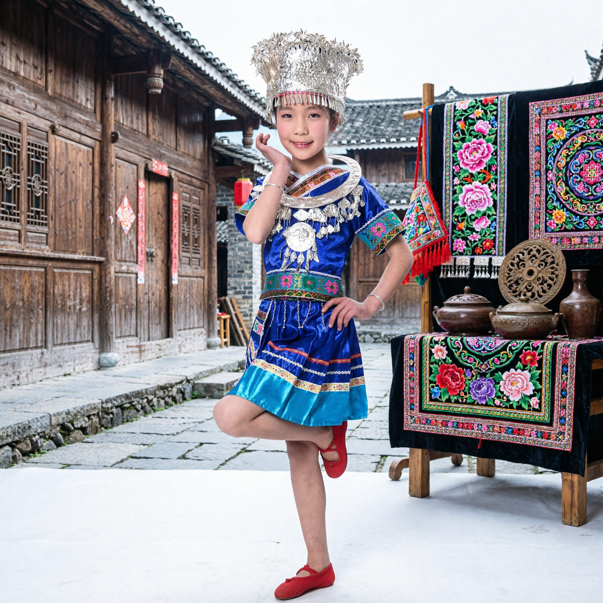 Costume de Danse Traditionnel de la Minorité Ethnique Miao Chinoise pour Enfants Filles, Robe Bleue avec Coiffe en Argent - Asian Costume