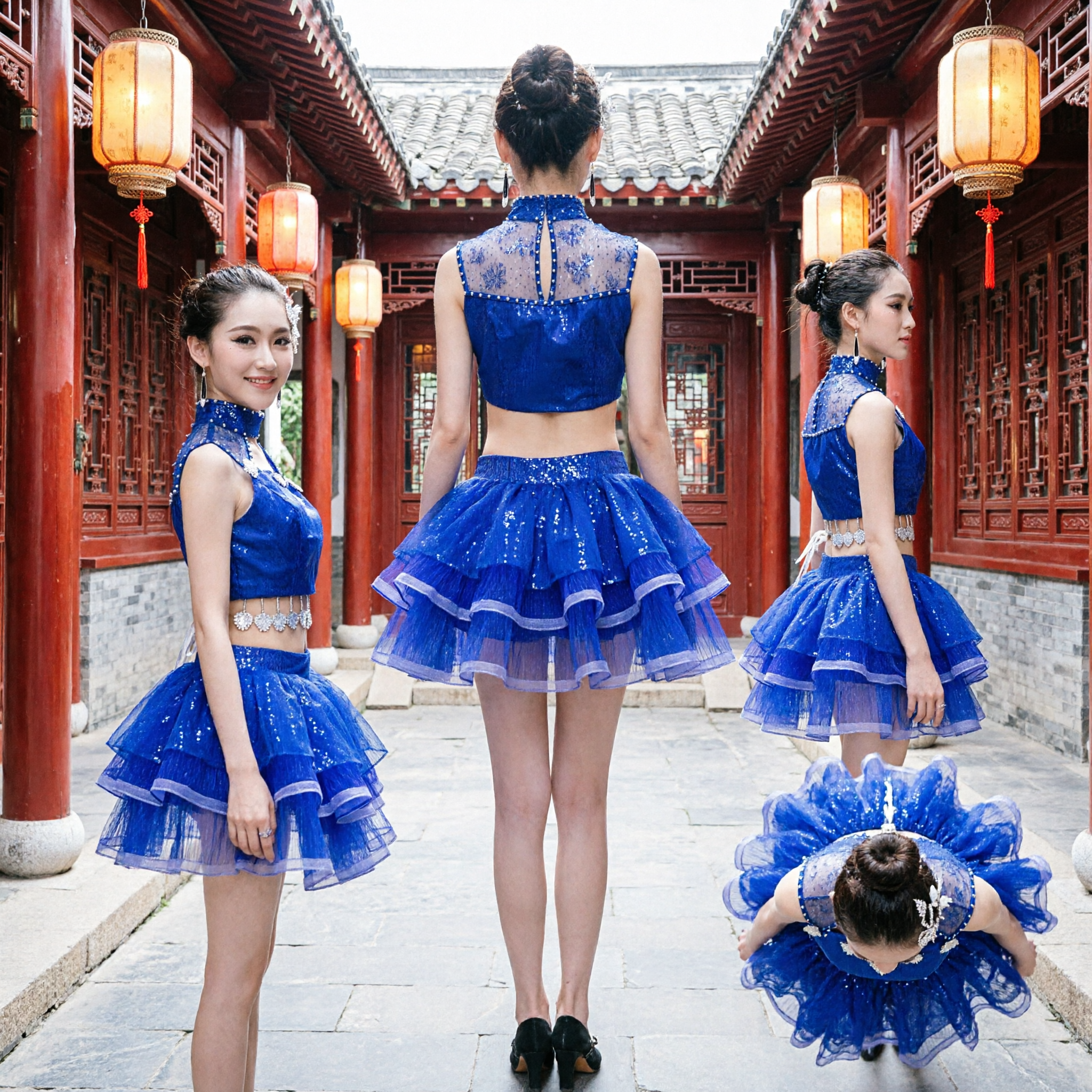 Costume da Danza Folk Moderno per Donne in Blu Reale, Abito da Spettacolo in Due Pezzi con Gonna a Balze - Asian Costume