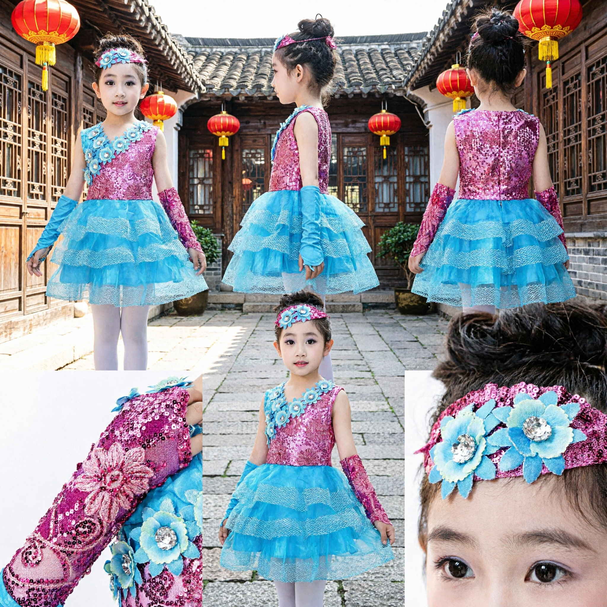 Mädchen Latein-Tanzkostüm Pailletten-Ballroom-Kleid Blau Rosa Blumen Kinder Bühnenaufführungs-Outfit - Asian Costume