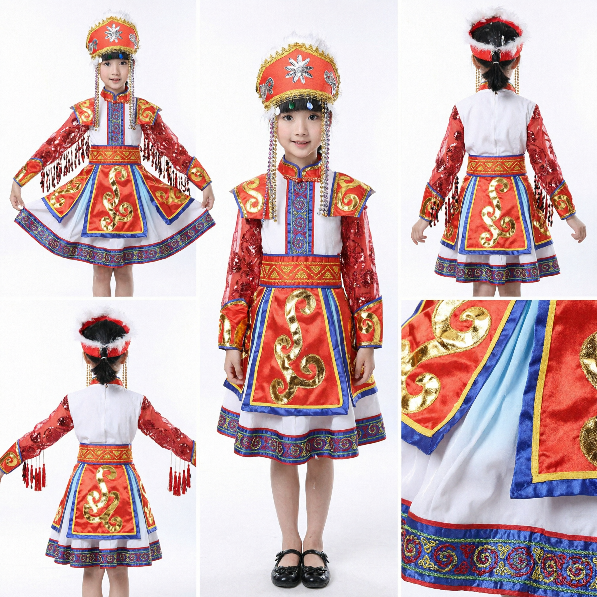 Traditionelles Chinesisches Mongolisch Ethnisches Tanzkostüm für Kinder Mädchen Aufführung Bühnenkleid Outfit - Asian Costume