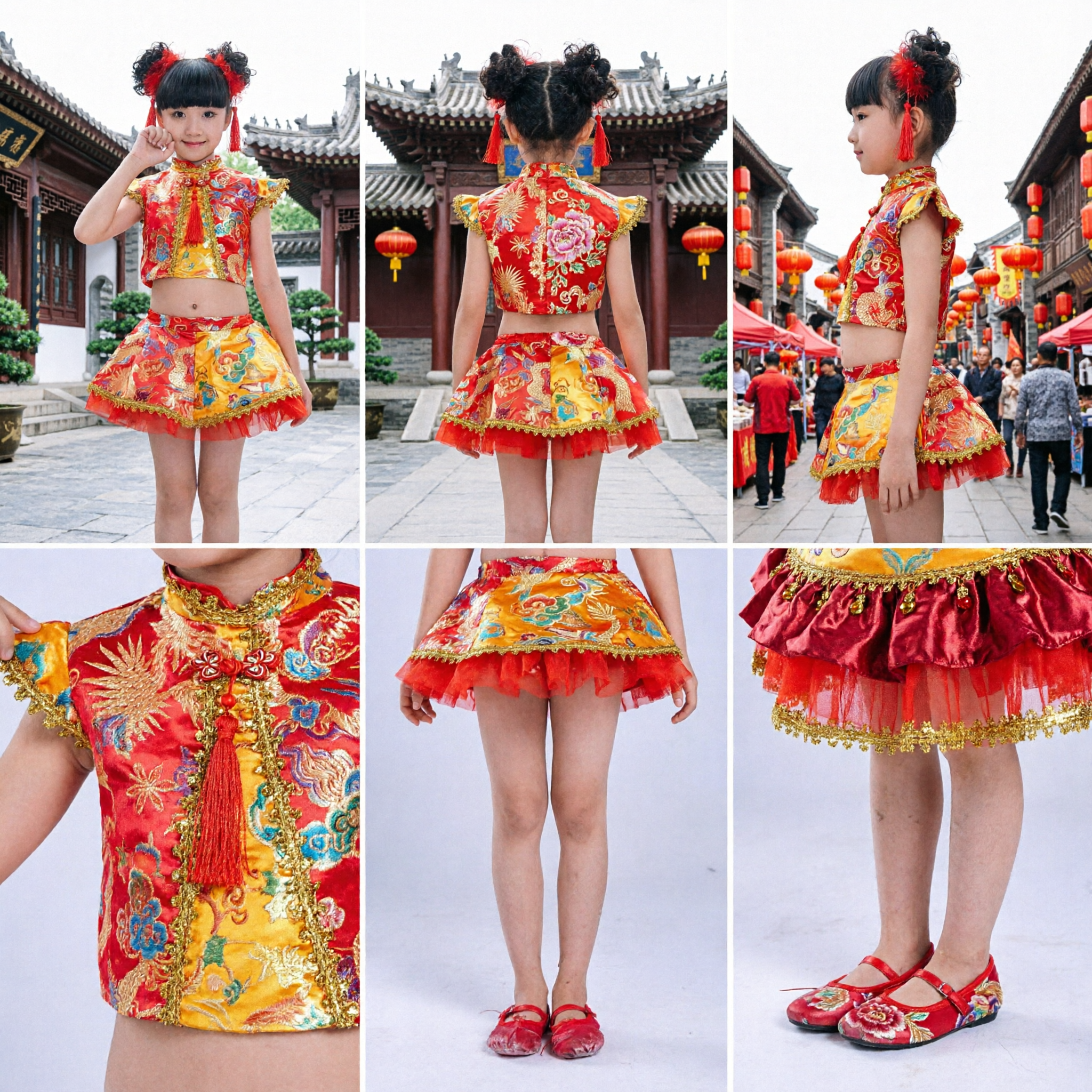 Traje de Danza Folclórica Tradicional China para Niñas, con Bordado de Dragón Rojo, Conjunto para Presentaciones en Festivales de Año Nuevo - Asian Costume