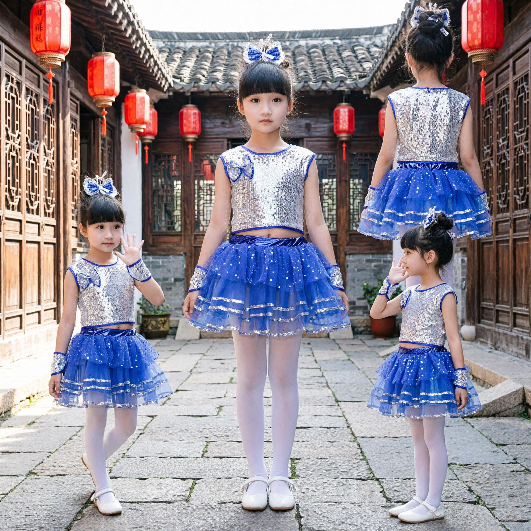 Traje de Dança Jazz com Lantejoulas Azuis e Prateadas para Meninas, Conjunto de Performance com Saia Tutu para Shows e Competições em Palco - Asian Costume