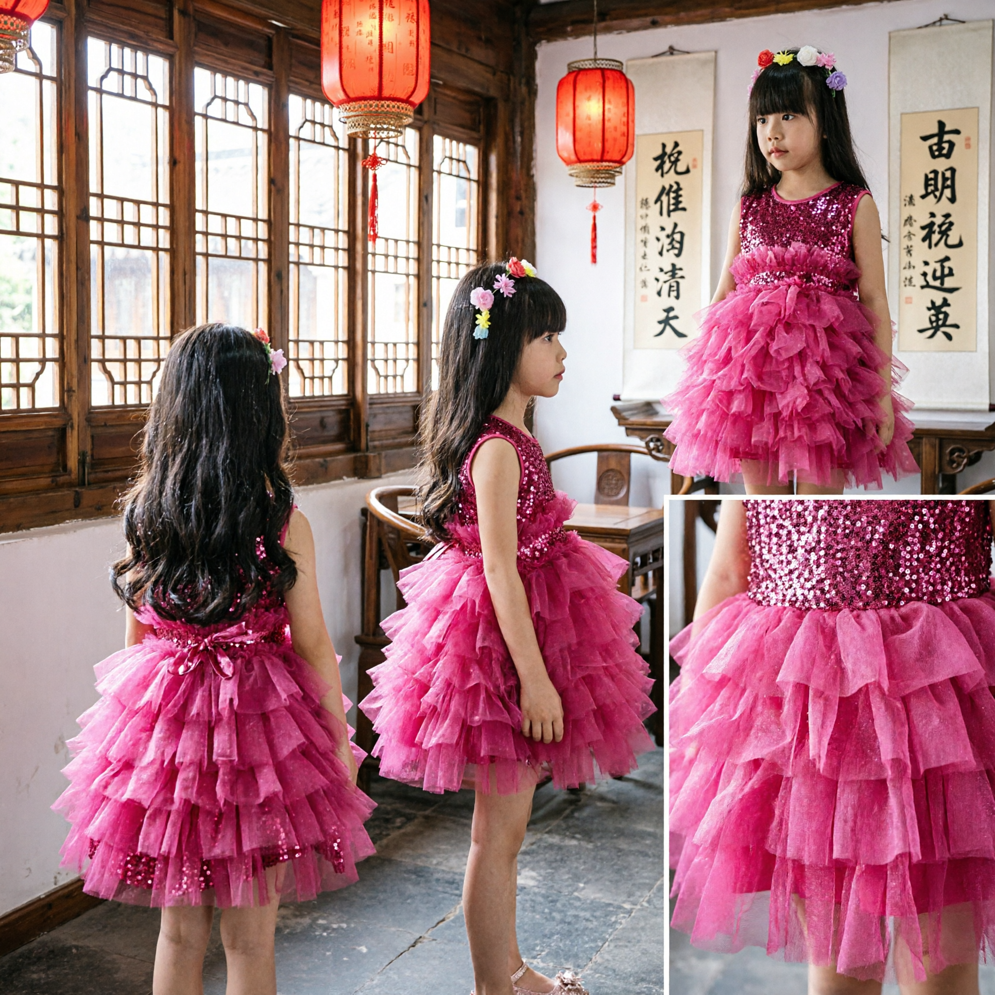 Vestido Tutú con Lentejuelas Rosas sin Mangas para Niñas, Traje para Fiesta y Presentaciones, Vestido para Concurso de Pequeñas Princesas - Asian Costume