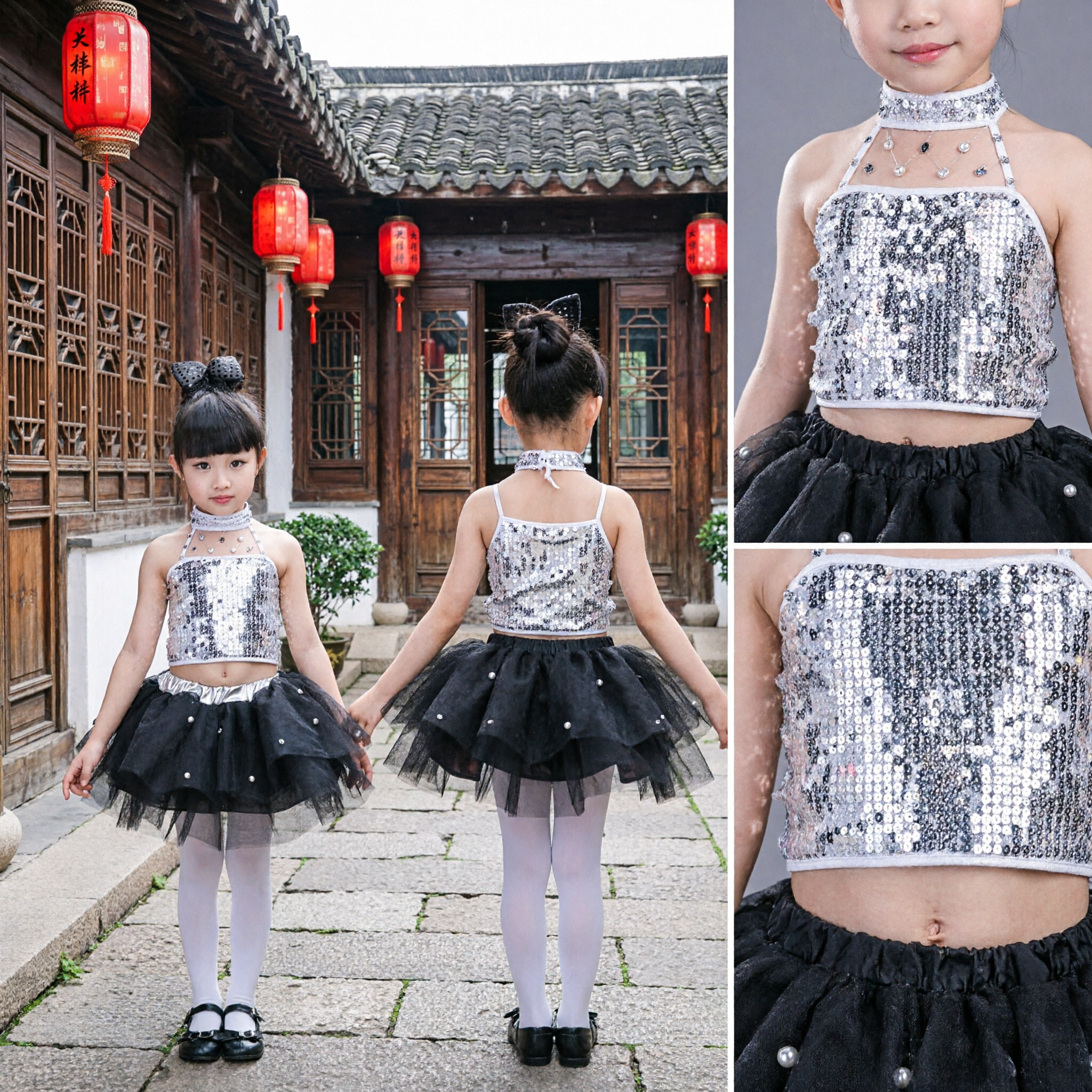Meisjes Zilver Glitter Halter Top Zwarte Tule Tutu Rok Kinderen Jazz Dans Optreden Kostuum Set - Asian Costume