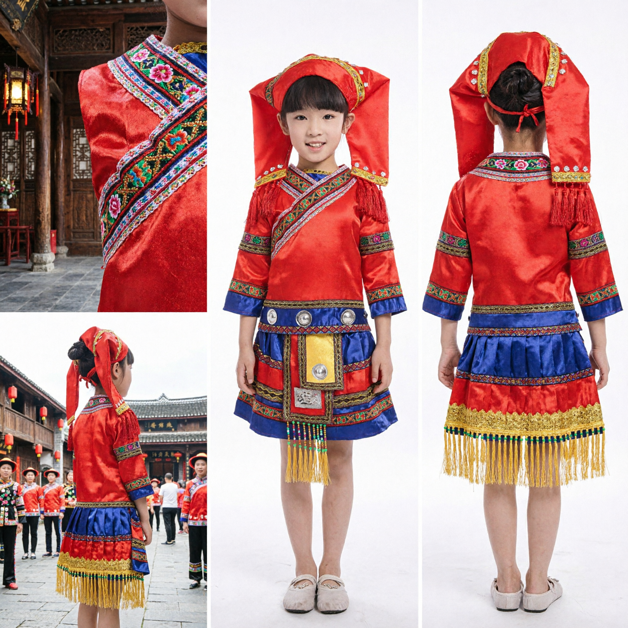 Costume de Danse Folklorique Traditionnel Chinois pour Enfants Robe Ethnique Rouge pour Spectacle - Asian Costume