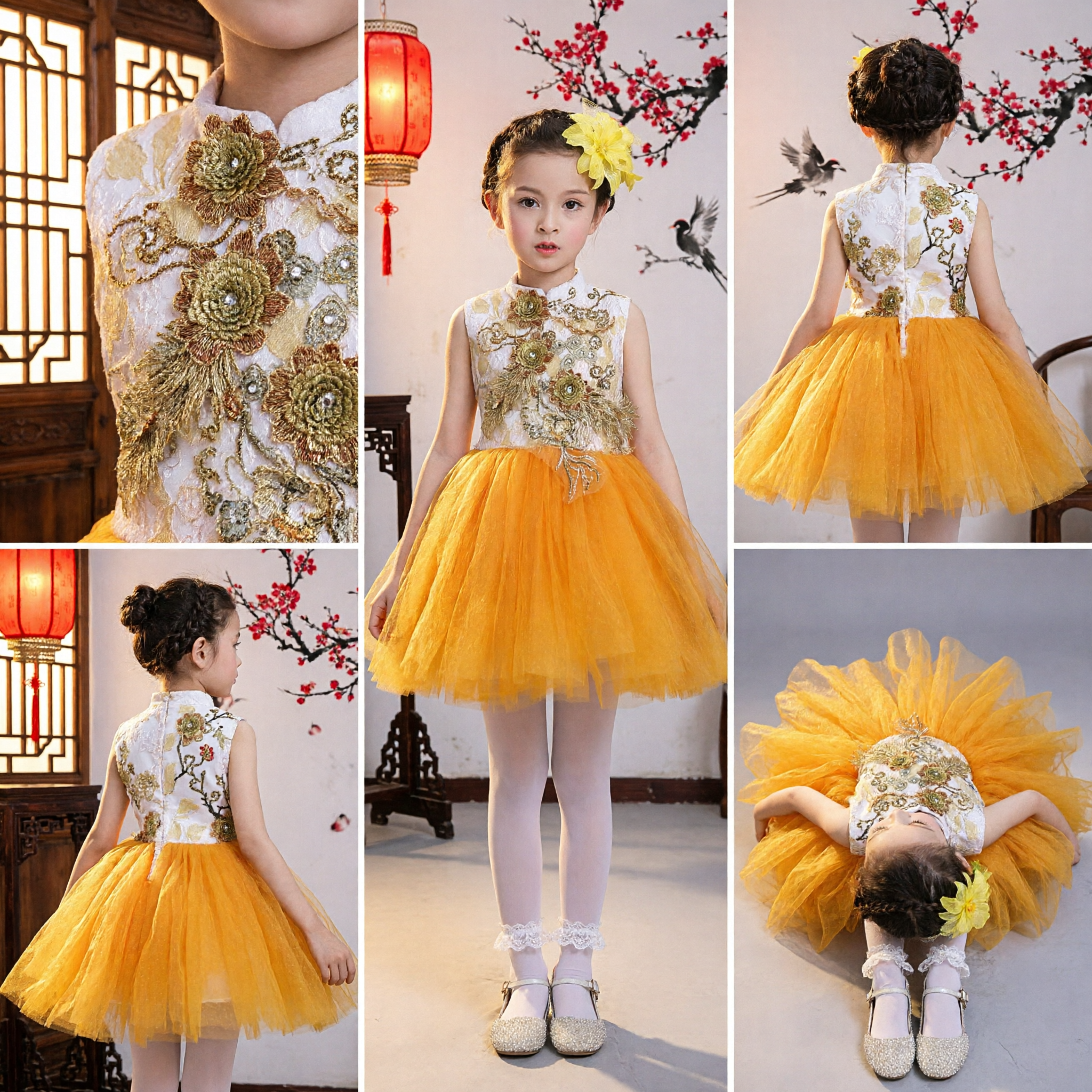 Vestido Tutú de Tul Amarillo para Niñas, con Top Cheongsam Tradicional Chino con Bordado Floral, Traje para Fiesta y Presentaciones en Escenario - Asian Costume